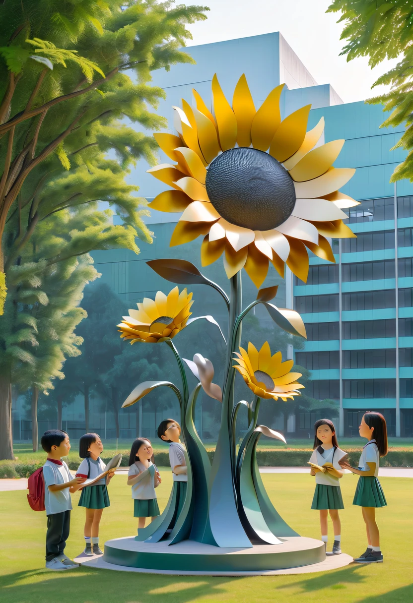 school sculpture,Cute teacher holding sunflower,Surrounded by a group of students,on the school lawn,full iron,metalictexture,metallic luster,vectorial art,Soft color palette,abstract sculpture,3D sculpture with abstract light,modern chinese literati,Gradient of color,hierarchical form,Futuristic sci-fi style metal three-dimensional sculpture,Whimsical three-dimensional metal sculptures,Ethereal style metal three-dimensional sculpture,
