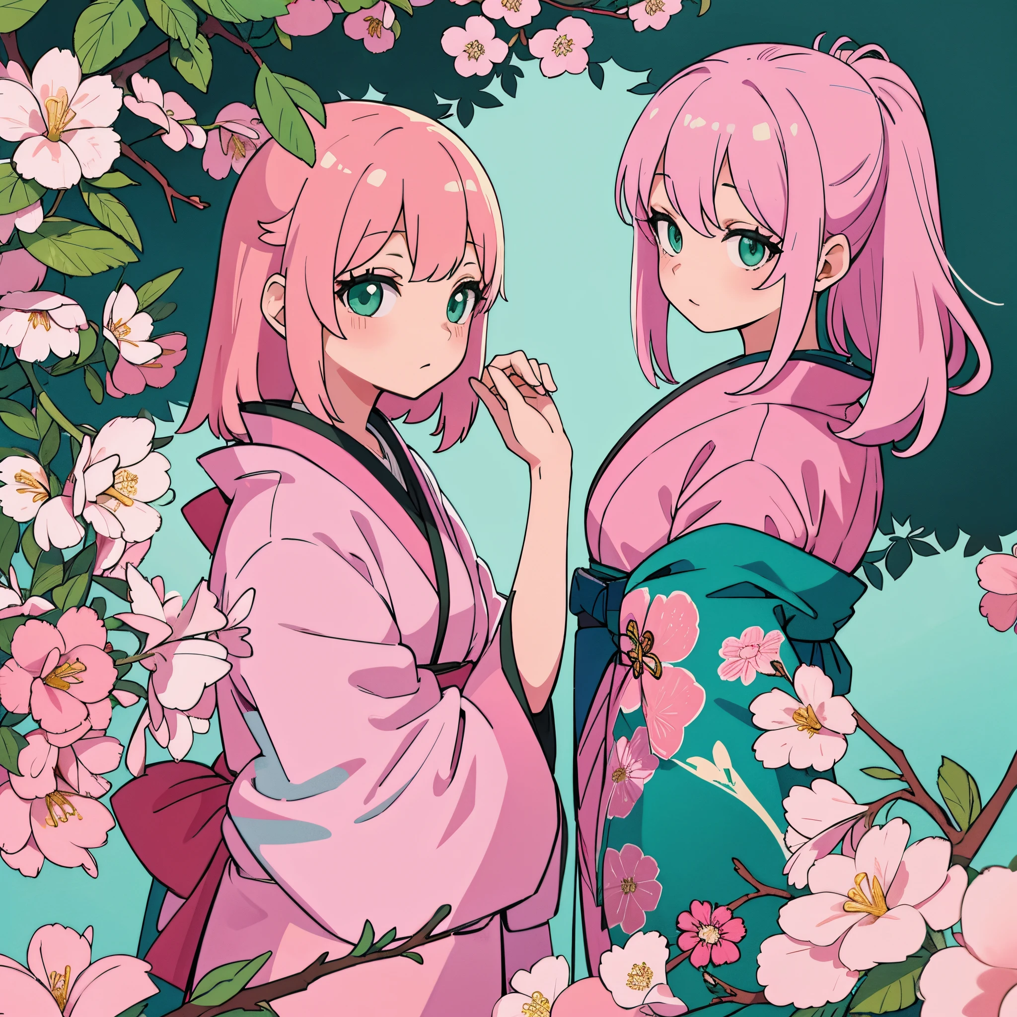 Adult woman wearing a kimono with light pink hair and mint green eyes