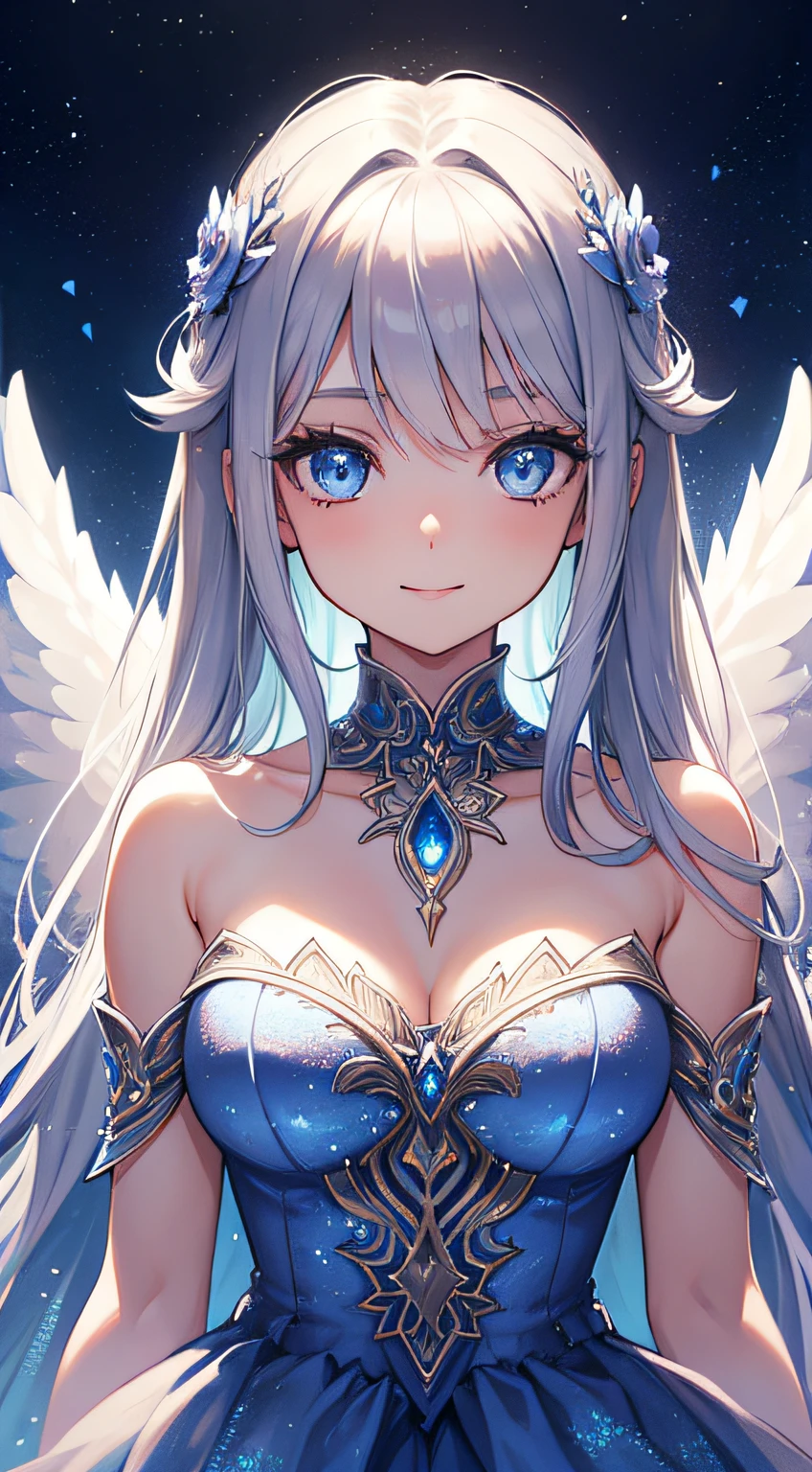 fantasy, 1girl, long silver hair, blue eyes, smiling, looking at viewer, intricate dress, shoulders, collarbones, wings behind her, glowing magical effects, night, stars, shooting stars, intricate abstract background, masterpiece, 8K, warm lighting, perfect clothes, perfect anatomy, perfect eyes, perfect face, sharp resolution, face closeup