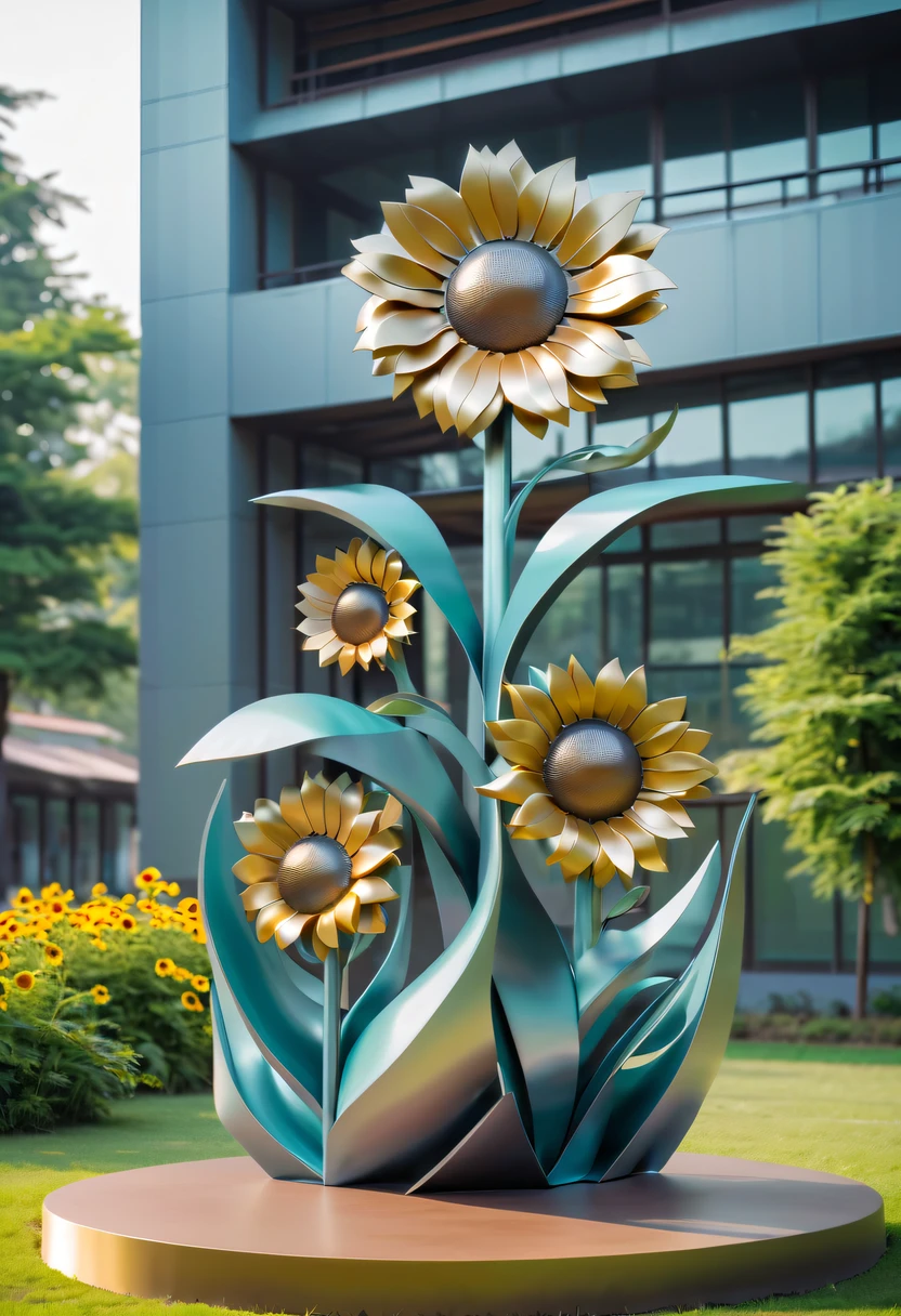 school sculpture,Cute teacher holding sunflower,Surrounded by a group of students,on the school lawn,full iron,metalictexture,metallic luster,vectorial art,Soft color palette,abstract sculpture,3D sculpture with abstract light,modern chinese literati,Gradient of color,hierarchical form,Futuristic sci-fi style metal three-dimensional sculpture,Whimsical three-dimensional metal sculptures,Ethereal style metal three-dimensional sculpture,