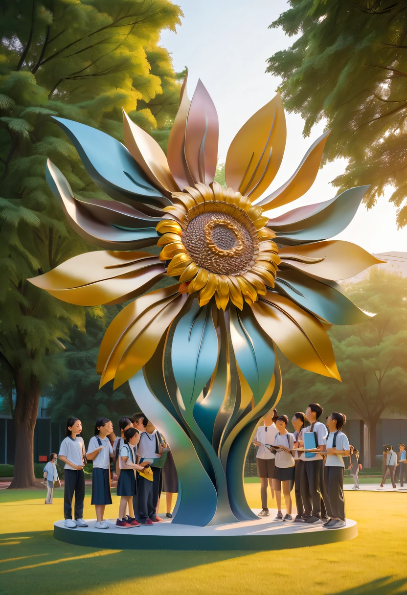 school sculpture，Cute teacher holding sunflower，Surrounded by a group of students，on the school lawn，full iron，metalictexture，metallic  luster，vectorial art，Soft color palette，abstract sculpture，3D sculpture with abstract light，modern chinese literati，Gradient of color，hierarchical form，Futuristic sci-fi style metal three-dimensional sculpture，Whimsical three-dimensional metal sculptures，Ethereal style metal three-dimensional sculpture，