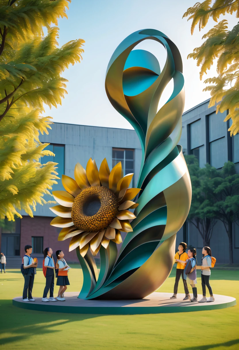 school sculpture，Cute teacher holding sunflower，Surrounded by a group of students，on the school lawn，full iron，metalictexture，metallic  luster，vectorial art，Soft color palette，abstract sculpture，3D sculpture with abstract light，modern chinese literati，Gradient of color，hierarchical form，Futuristic sci-fi style metal three-dimensional sculpture，Whimsical three-dimensional metal sculptures，Ethereal style metal three-dimensional sculpture，