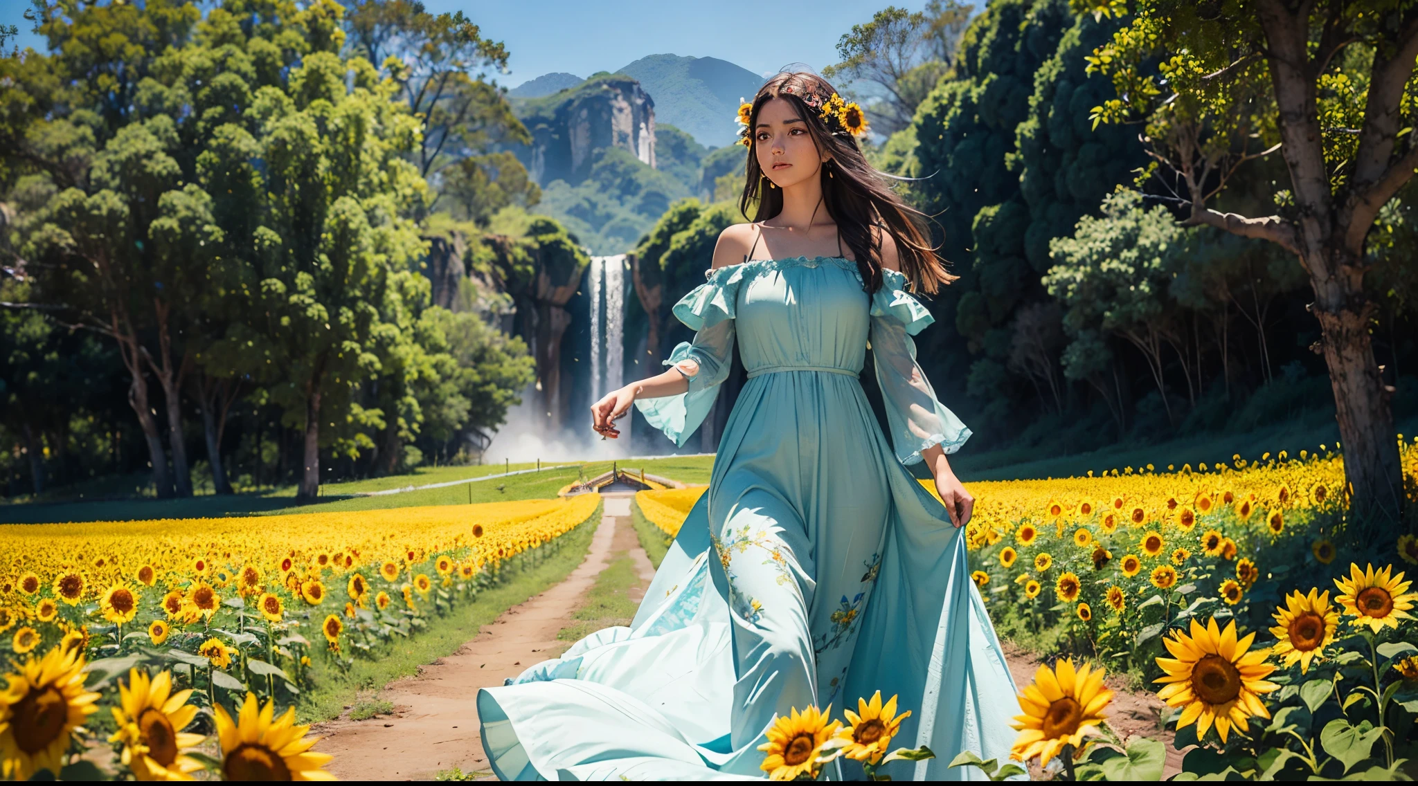 In the softness of the morning, the thirty year old girl walked delicately through the golden fields of sunflowers, her peasant style dress dancing to the rhythm of the morning wind. Seu cabelo, as dark as the fertile earth beneath your bare feet, flowed like a waterfall up to his shoulders. Os raios de sol brincavam em suas mechas, criando um halo natural ao redor dela. Ela carregava consigo a simplicidade da vida no campo, um contraste encantador com a complexidade do mundo que a rodeava. O vestido, made of lightweight fabric and printed with floral patterns, seguia as curvas de seu corpo com graciosidade. Bordados artesanais adornavam as mangas, Telling silent stories of days gone by. The girl's eyes reflected the serenity of the environment., a mix of green and blue that captured the essence of the earth and sky. Sob as pestanas, traces of experience and wisdom painted a personal narrative. The girl emanated an aura of tranquility., como se estivesse em sintonia com a natureza ao seu redor. Every step she took made the yellow flowers bow in reverence., como se reconhecessem a harmonia que ela trazia consigo. As she walked, uma suave melodia ecoava em sua mente, a song of simplicity and joy that only those who connect deeply with the earth can hear. E assim, the girl continued her journey among the sunflowers, uma figura de beleza simples e atemporal, surrounded by the peace that only nature can provide.(NaturezaSerenidade),(CampoDeGirassóis),(Peasant Dress),(CaminhadaMatinal),(BelezaSimples),(Rural Elegance),(CabeloAoVento),(OlhosReflexivos),(ConexãoComANatureza),(ArteDoCampo)