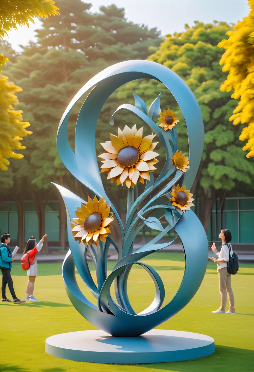 school sculpture，Cute teacher holding sunflower，on the school lawn，full iron，metalictexture，metallic  luster，vectorial art，Soft color palette，abstract sculpture，3D sculpture with abstract light，modern chinese literati，Gradient of color，hierarchical form，Futuristic sci-fi style metal three-dimensional sculpture，Whimsical three-dimensional metal sculptures，Ethereal style metal three-dimensional sculpture，