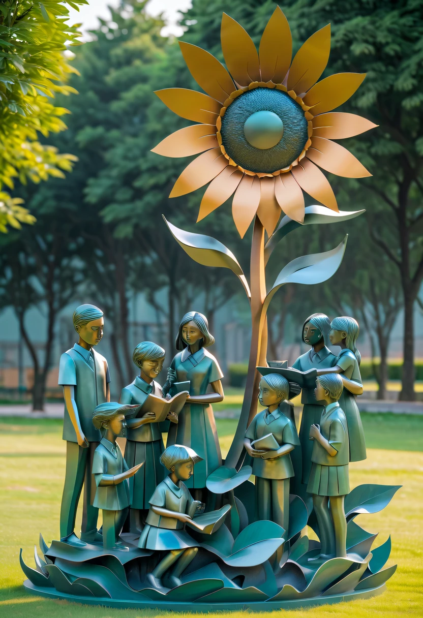 school sculpture，Cute teacher holding sunflower，on the school lawn，full iron，metalictexture，metallic  luster，vectorial art，Soft color palette，abstract sculpture，3D sculpture with abstract light，modern chinese literati，Gradient of color，hierarchical form，Futuristic sci-fi style metal three-dimensional sculpture，Whimsical three-dimensional metal sculptures，Ethereal style metal three-dimensional sculpture，