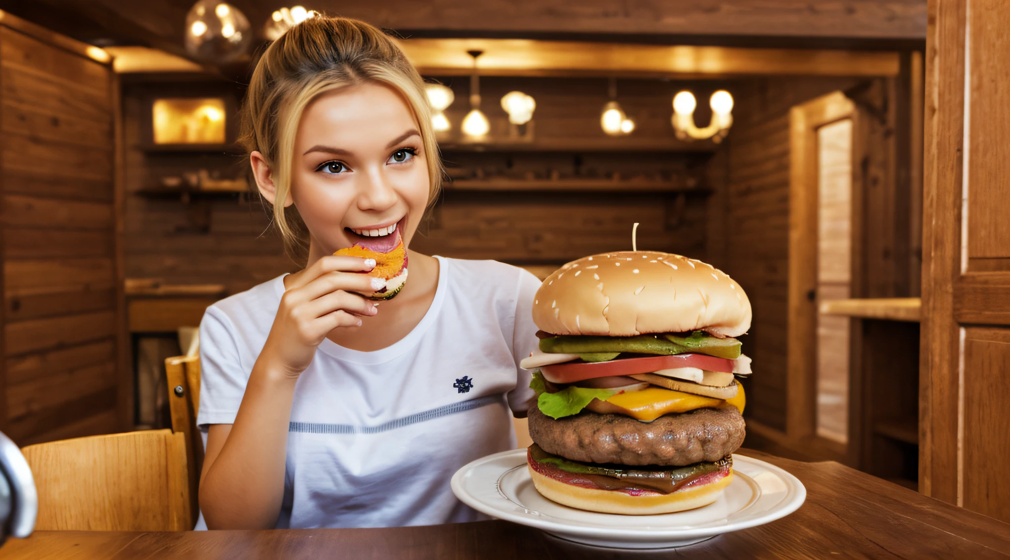 child girl blonde hair bun, Eating hamburger. em uma nave espacial.
