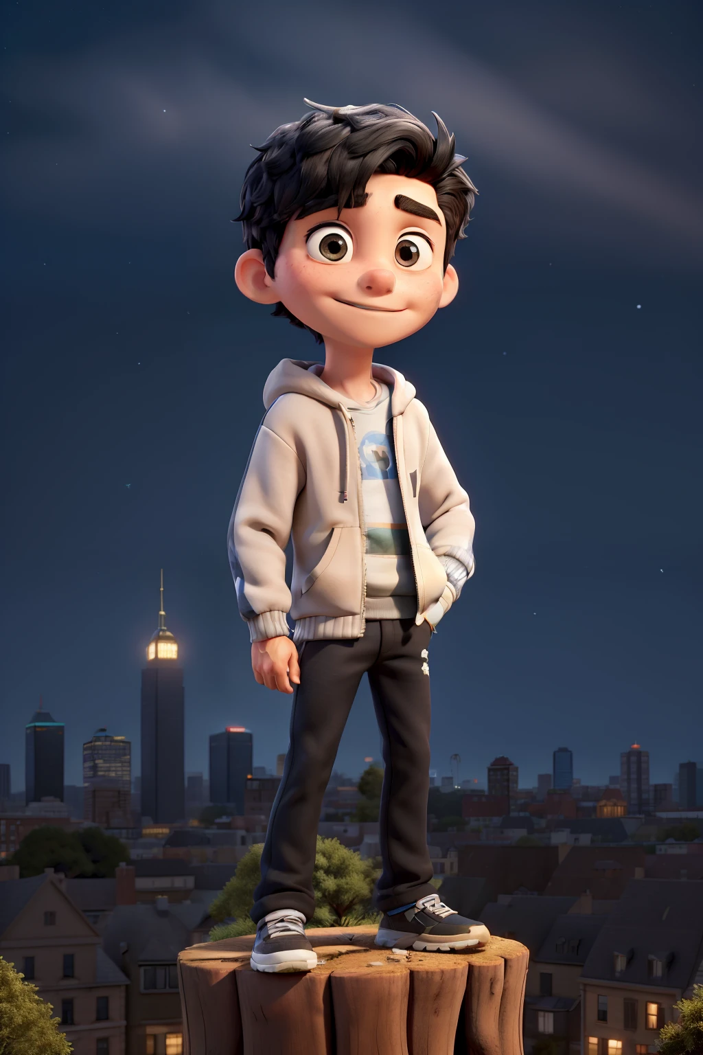 The background is a city, Perfect boy with black hair,hoody, short hair, greene eyes, super heavy, ssmile, Night Core, Stand on a tree, looking at the stars, Super detailed face,There are blemishes and a little dark circle under the eyes.