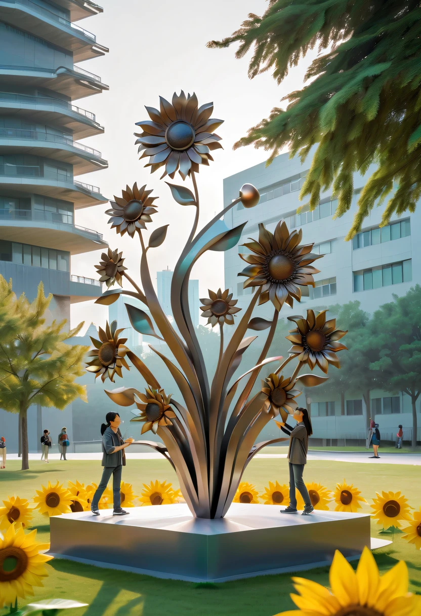 school sculpture,Cute teacher holding sunflower,Surrounded by a group of students,on the school lawn,full iron,metalictexture,metallic luster,vectorial art,Soft color palette,abstract sculpture,3D sculpture with abstract light,modern chinese literati,Gradient of color,hierarchical form,Futuristic sci-fi style metal three-dimensional sculpture,Whimsical three-dimensional metal sculptures,Ethereal style metal three-dimensional sculpture,