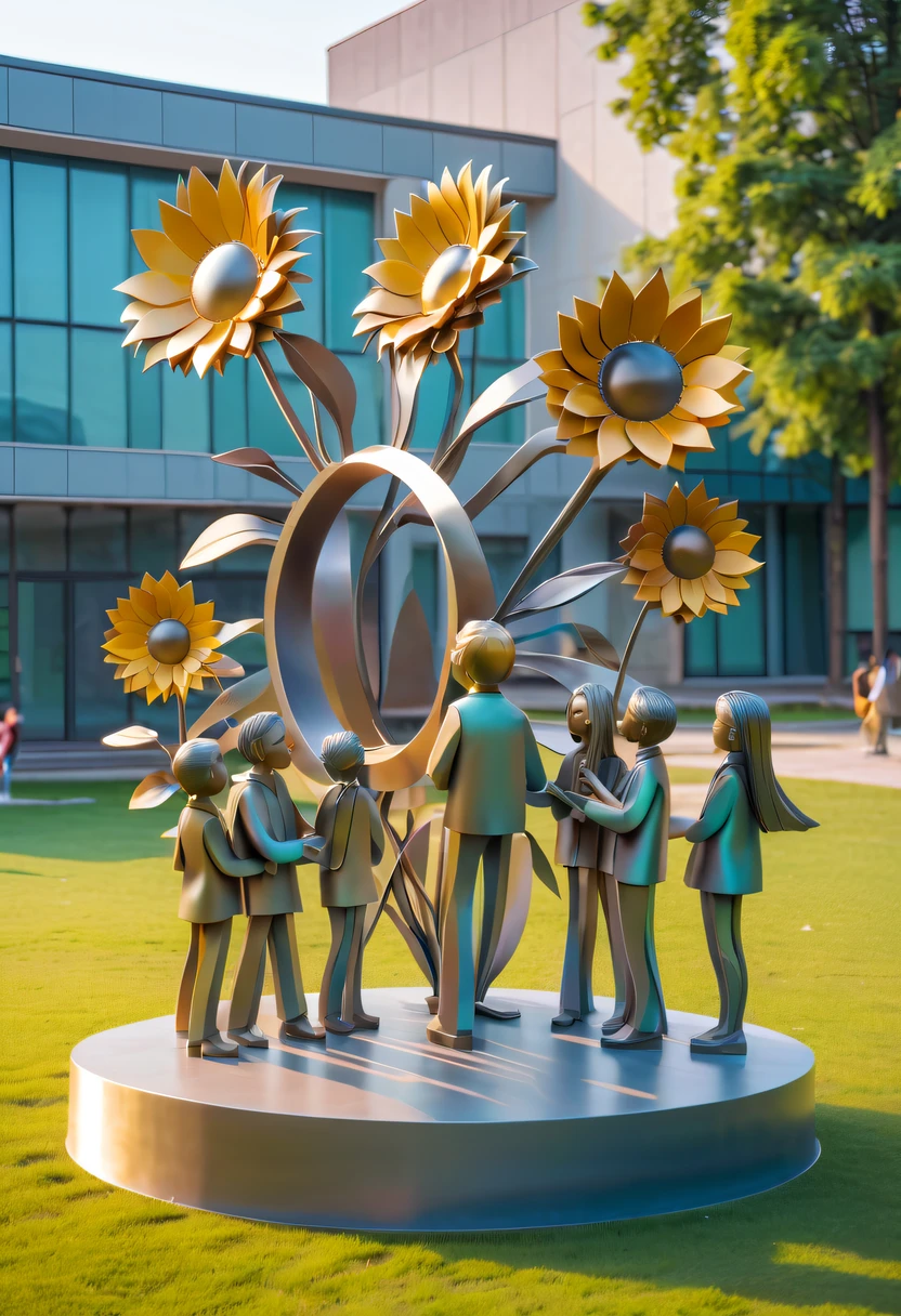 school sculpture，Cute teacher holding sunflower，Surrounded by a group of students，on the school lawn，full iron，metalictexture，metallic  luster，vectorial art，Soft color palette，abstract sculpture，3D sculpture with abstract light，modern chinese literati，Gradient of color，hierarchical form，Futuristic sci-fi style metal three-dimensional sculpture，Whimsical three-dimensional metal sculptures，Ethereal style metal three-dimensional sculpture，