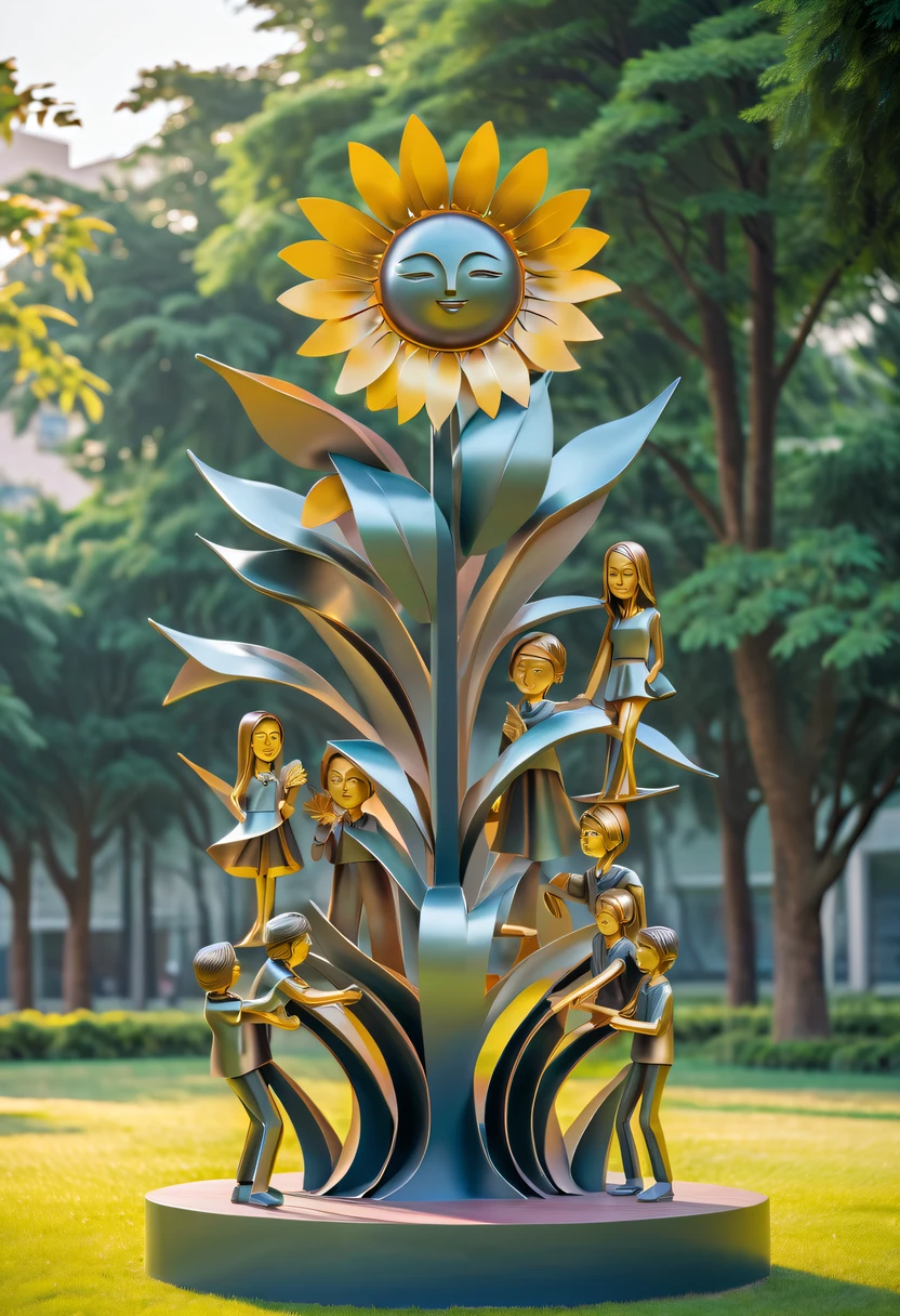 school sculpture，Cute teacher holding sunflower，Surrounded by a group of students，on the school lawn，full iron，metalictexture，metallic  luster，vectorial art，Soft color palette，abstract sculpture，3D sculpture with abstract light，modern chinese literati，Gradient of color，hierarchical form，Futuristic sci-fi style metal three-dimensional sculpture，Whimsical three-dimensional metal sculptures，Ethereal style metal three-dimensional sculpture，