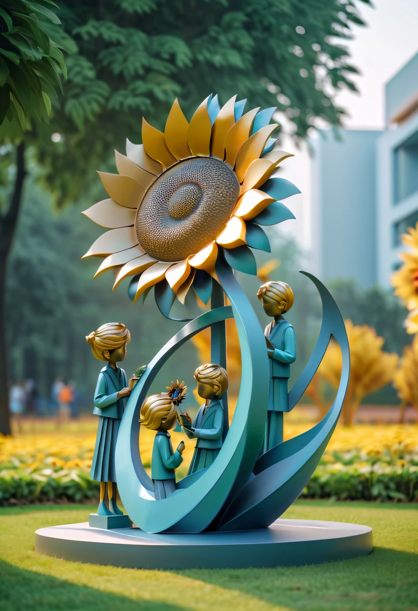 school sculpture，Cute teacher holding sunflower，on the school lawn，full iron，metalictexture，metallic  luster，vectorial art，Soft color palette，abstract sculpture，3D sculpture with abstract light，modern chinese literati，Gradient of color，hierarchical form，Futuristic sci-fi style metal three-dimensional sculpture，Whimsical three-dimensional metal sculptures，Ethereal style metal three-dimensional sculpture，
