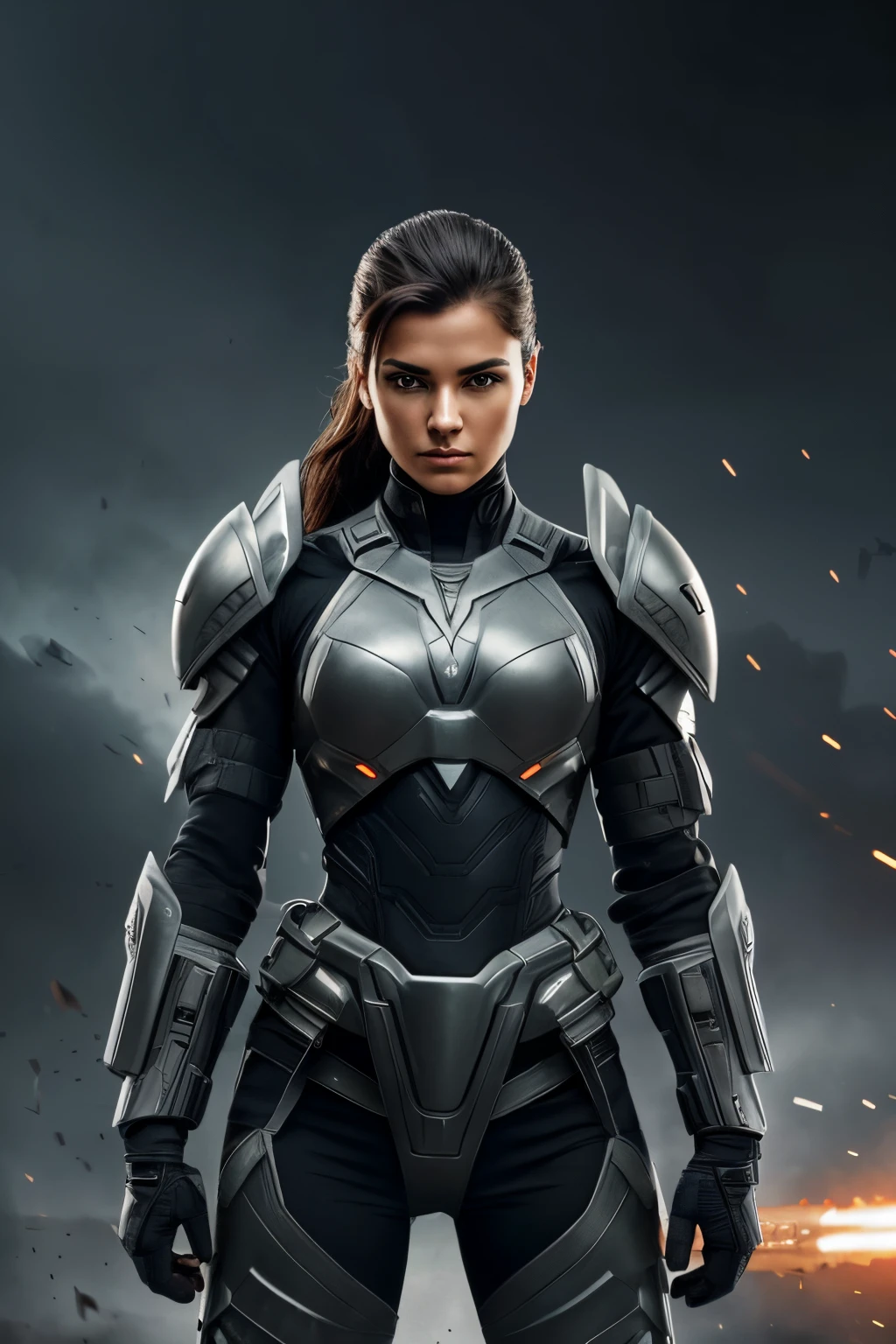 an image portraying a female warrior adorned in battle-ready attire, a fusion of modern military design and futuristic elements.
Her armor integrates advanced technology, featuring sleek lines, durable yet flexible materials, and built-in communication devices.
Weapons and equipment are strategically placed on her uniform, showcasing her expertise and preparedness for combat situations.
The soldier’s stance exudes confidence and strength, with a backdrop that hints at a futuristic battlefield or a high-tech warzone.