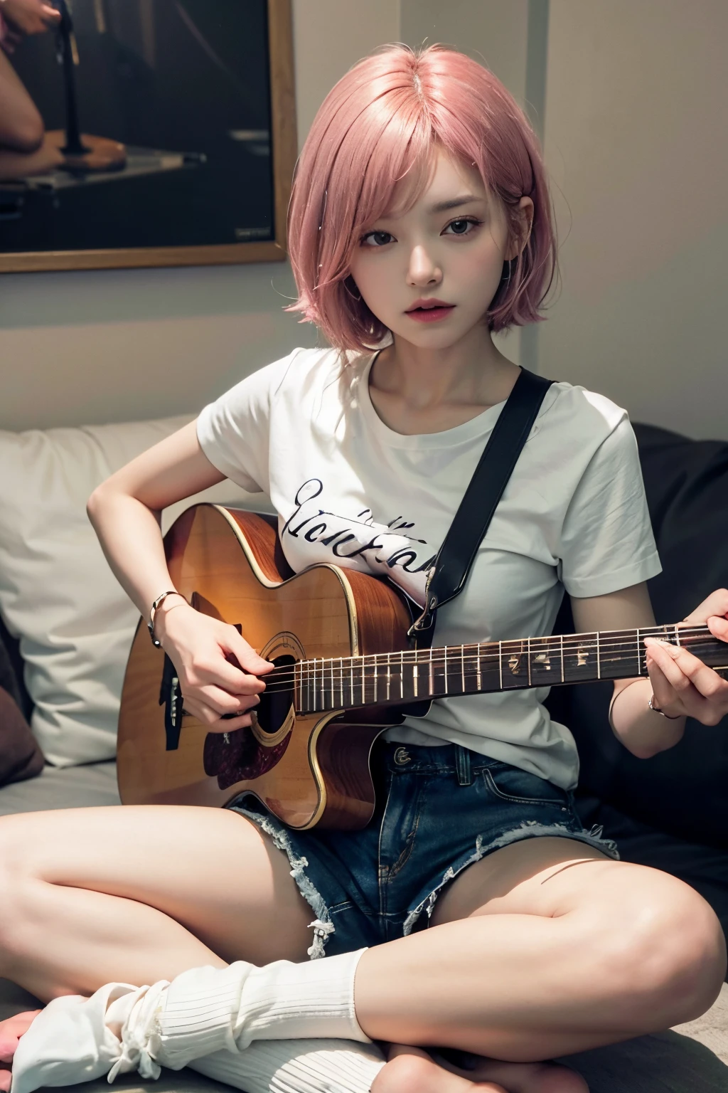 (8K, top-quality, masterpiece:1,2), (reallistic, Phot is orealsitic:1.37), Super Detail, One girl,), (Highly detailed), (beautifully detailed eyes), (of the highest quality), (super detailed ), (masterpiece), (Detailed face),20yr old, ,1 girl, full body:1.5, pink hair,Very short hair, medium breasts, clothed, Perfect Lighting,pussy and breast focus, looking at viewer, aroused face, naughty face, (Holds a guitar:1.5 (left handed)), white T-shirt, shorts, black shoes, socks