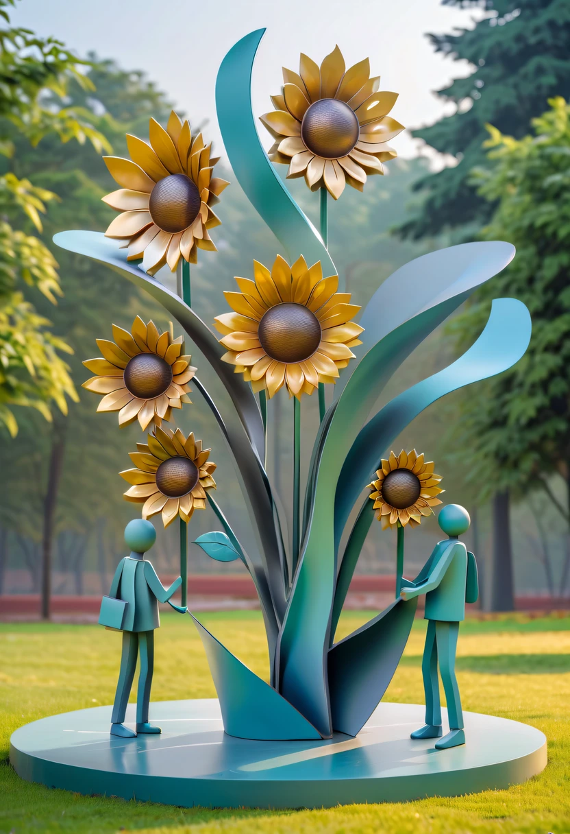 school sculpture,Cute teacher holding sunflower,Surrounded by a group of students,on the school lawn,full iron,metalictexture,metallic luster,vectorial art,Soft color palette,abstract sculpture,3D sculpture with abstract light,modern chinese literati,Gradient of color,hierarchical form,Futuristic sci-fi style metal three-dimensional sculpture,Whimsical three-dimensional metal sculptures,Ethereal style metal three-dimensional sculpture,