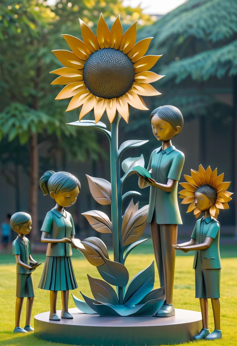 school sculpture,Cute teacher holding sunflower,Surrounded by a group of students,on the school lawn,full iron,metalictexture,metallic luster,vectorial art,Soft color palette,abstract sculpture,3D sculpture with abstract light,modern chinese literati,Gradient of color,hierarchical form,Futuristic sci-fi style metal three-dimensional sculpture,Whimsical three-dimensional metal sculptures,Ethereal style metal three-dimensional sculpture,
