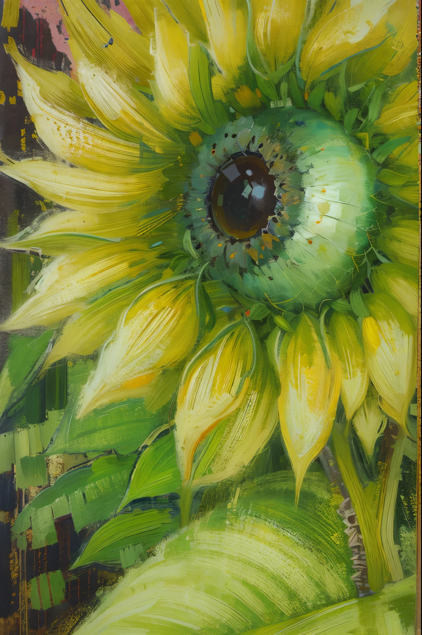((sunflower)),oil painted,inks,acrycle painting,tmasterpiece,Renaissance style,Best quality at best,A high resolution,ultra - detailed,Eyes detailed,Face details,hair detail,Accurate,Clear eye focus close-up