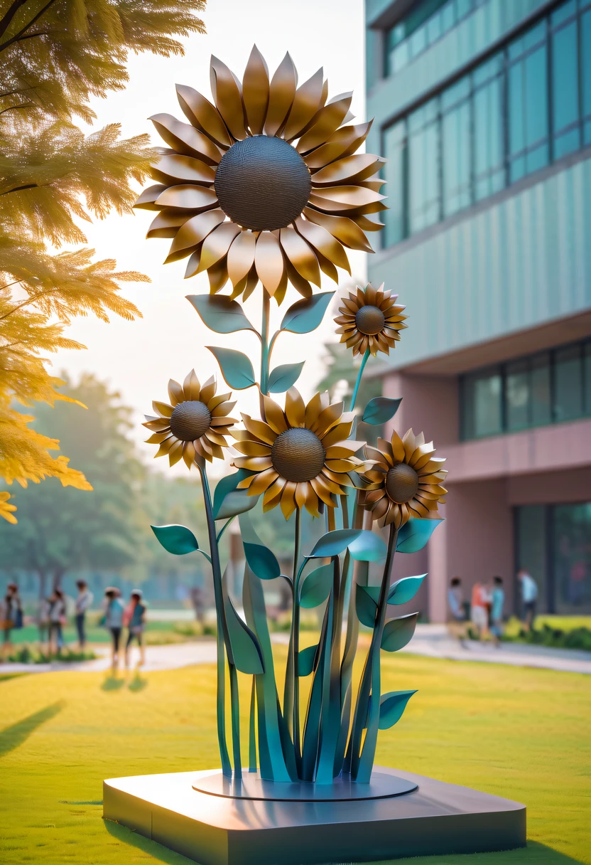 school sculpture，Cute teacher holding sunflower，on the school lawn，full iron，metalictexture，metallic  luster，vectorial art，Soft color palette，abstract sculpture，3D sculpture with abstract light，modern chinese literati，Gradient of color，hierarchical form，Futuristic sci-fi style metal three-dimensional sculpture，Whimsical three-dimensional metal sculptures，Ethereal style metal three-dimensional sculpture，