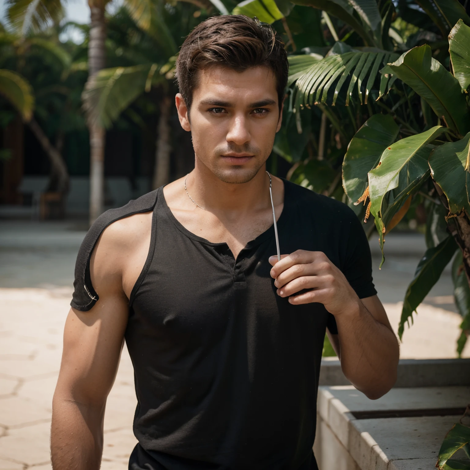 make a handsome man wearing a black shirt, while drinking a Brazilian caipirinha, summer, photo realistic, 8k (photorealistic: 1.4), 8k, Premier Quality, Detailed backgrounds, seductive face, Natural makeup, RAW photo, iPhone, HDR,