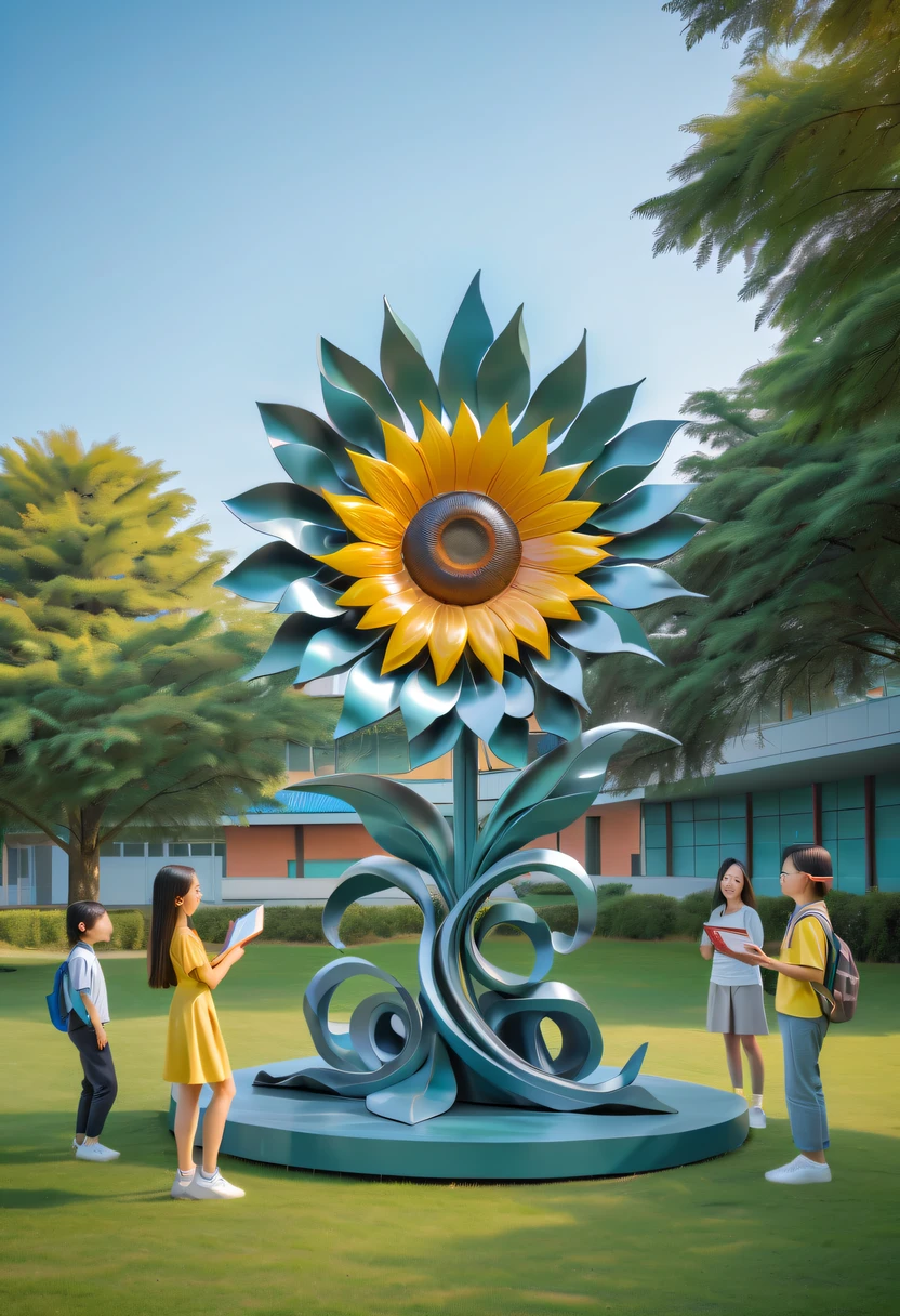 school sculpture,Cute teacher holding sunflower,Surrounded by a group of students,on the school lawn,full iron,metalictexture,metallic luster,vectorial art,Soft color palette,abstract sculpture,3D sculpture with abstract light,modern chinese literati,Gradient of color,hierarchical form,Futuristic sci-fi style metal three-dimensional sculpture,Whimsical three-dimensional metal sculptures,Ethereal style metal three-dimensional sculpture,