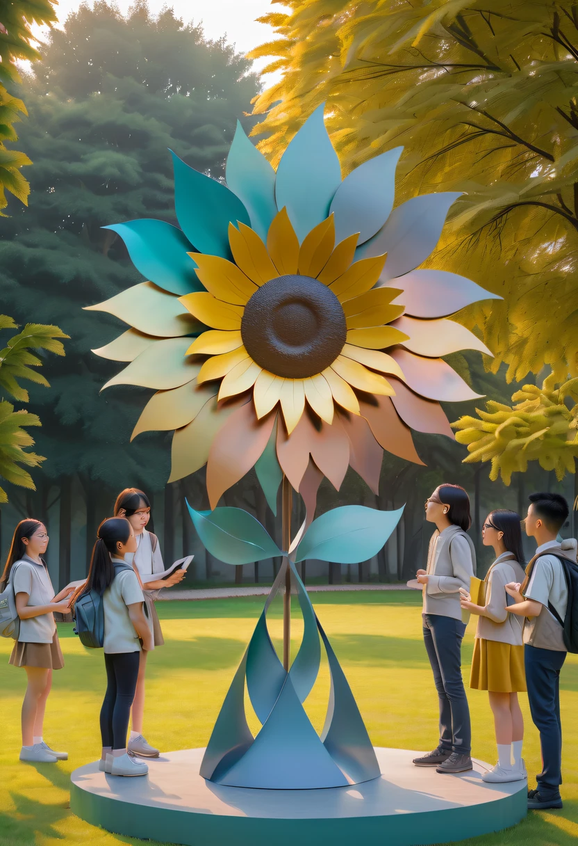 school sculpture，Cute teacher holding sunflower，Surrounded by a group of students，on the school lawn，full iron，metalictexture，metallic  luster，vectorial art，Soft color palette，abstract sculpture，3D sculpture with abstract light，modern chinese literati，Gradient of color，hierarchical form，Futuristic sci-fi style metal three-dimensional sculpture，Whimsical three-dimensional metal sculptures，Ethereal style metal three-dimensional sculpture，