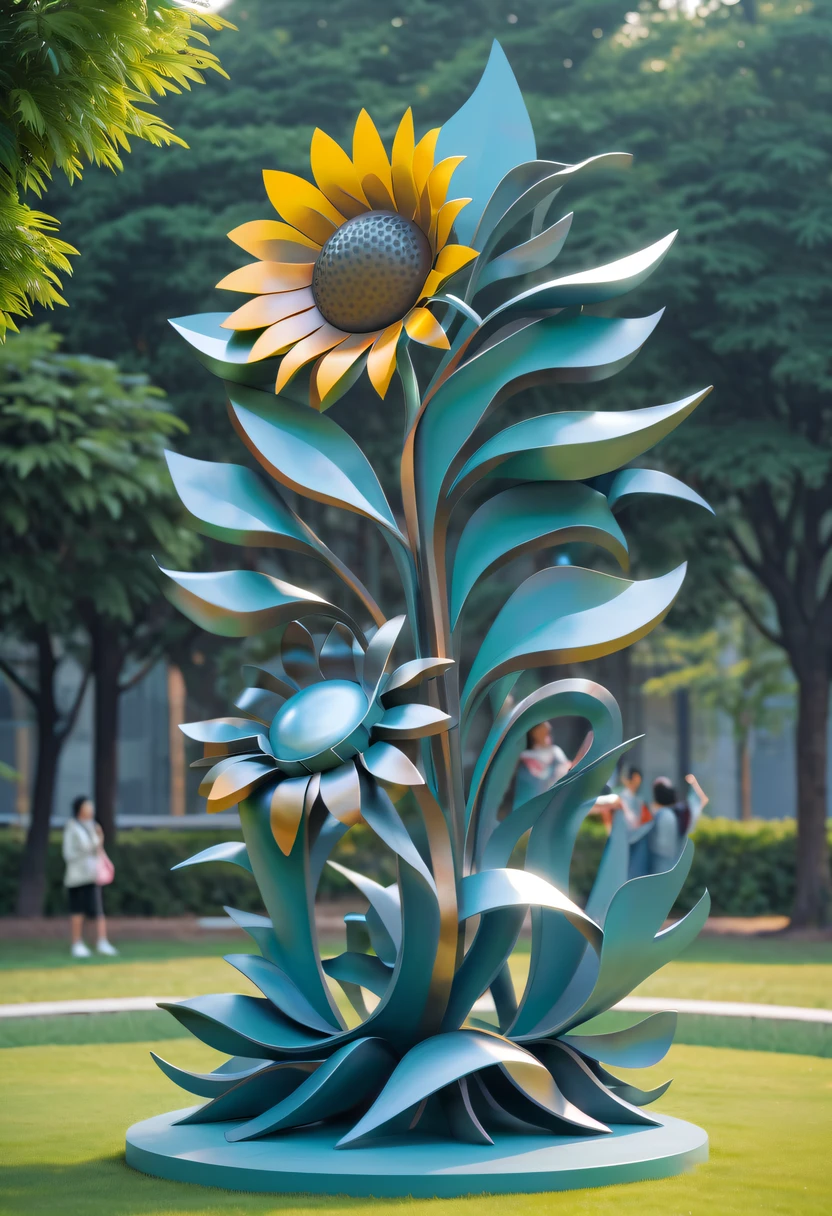 school sculpture，Cute teacher holding sunflower，Surrounded by a group of students，on the school lawn，full iron，metalictexture，metallic  luster，vectorial art，Soft color palette，abstract sculpture，3D sculpture with abstract light，modern chinese literati，Gradient of color，hierarchical form，Futuristic sci-fi style metal three-dimensional sculpture，Whimsical three-dimensional metal sculptures，Ethereal style metal three-dimensional sculpture，