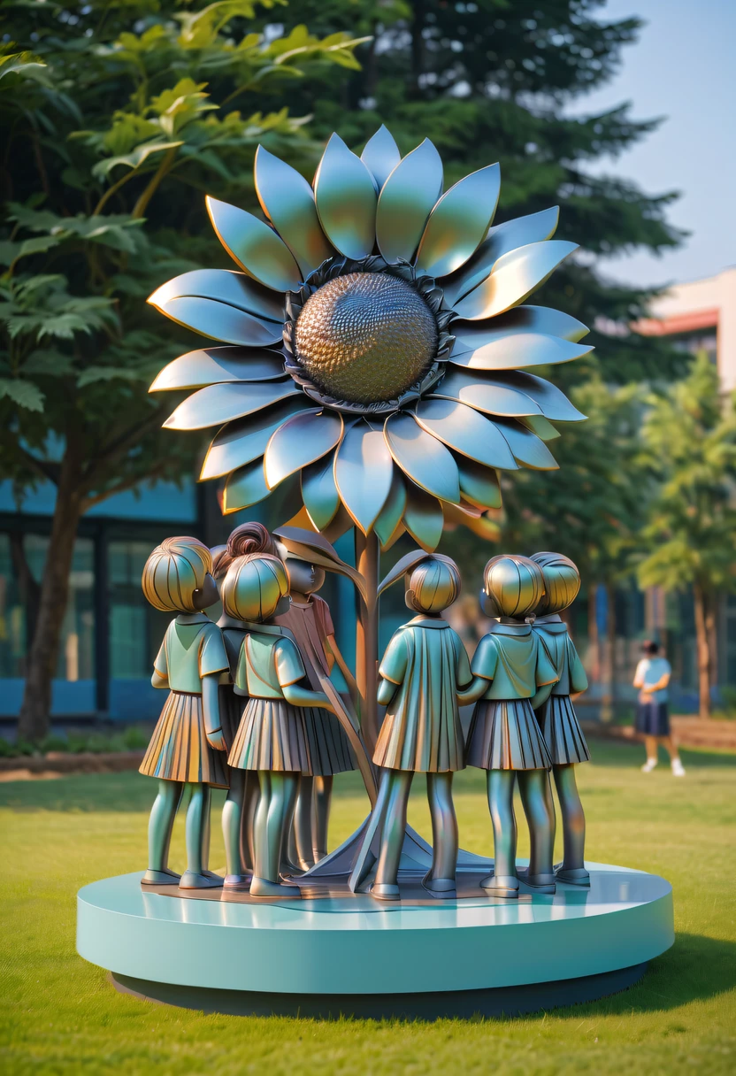 school sculpture，Cute teacher holding sunflower，on the school lawn，full iron，metalictexture，metallic  luster，vectorial art，Soft color palette，abstract sculpture，3D sculpture with abstract light，modern chinese literati，Gradient of color，hierarchical form，Futuristic sci-fi style metal three-dimensional sculpture，Whimsical three-dimensional metal sculptures，Ethereal style metal three-dimensional sculpture，