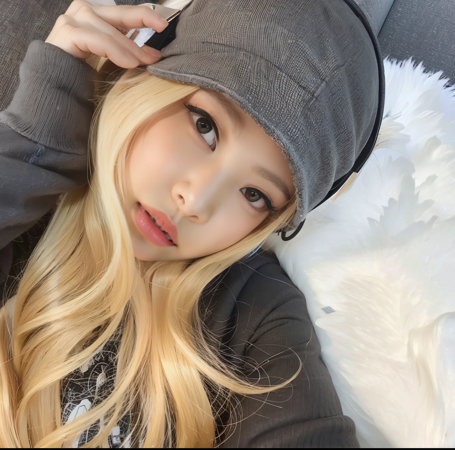 mulher loira com fones de ouvido em deitar em um tapete de pele branca, ava max, Parque Roseanne do Blackpink, Cl, Sakimichan, Lalisa Manobal, com longos cabelos loiros, Lalisa Manoban do Blackpink, linda Delphine, com cabelos longos brancos, Ulzzang, longos cabelos loiros e olhos grandes, Shikami, Marisa Kirisame