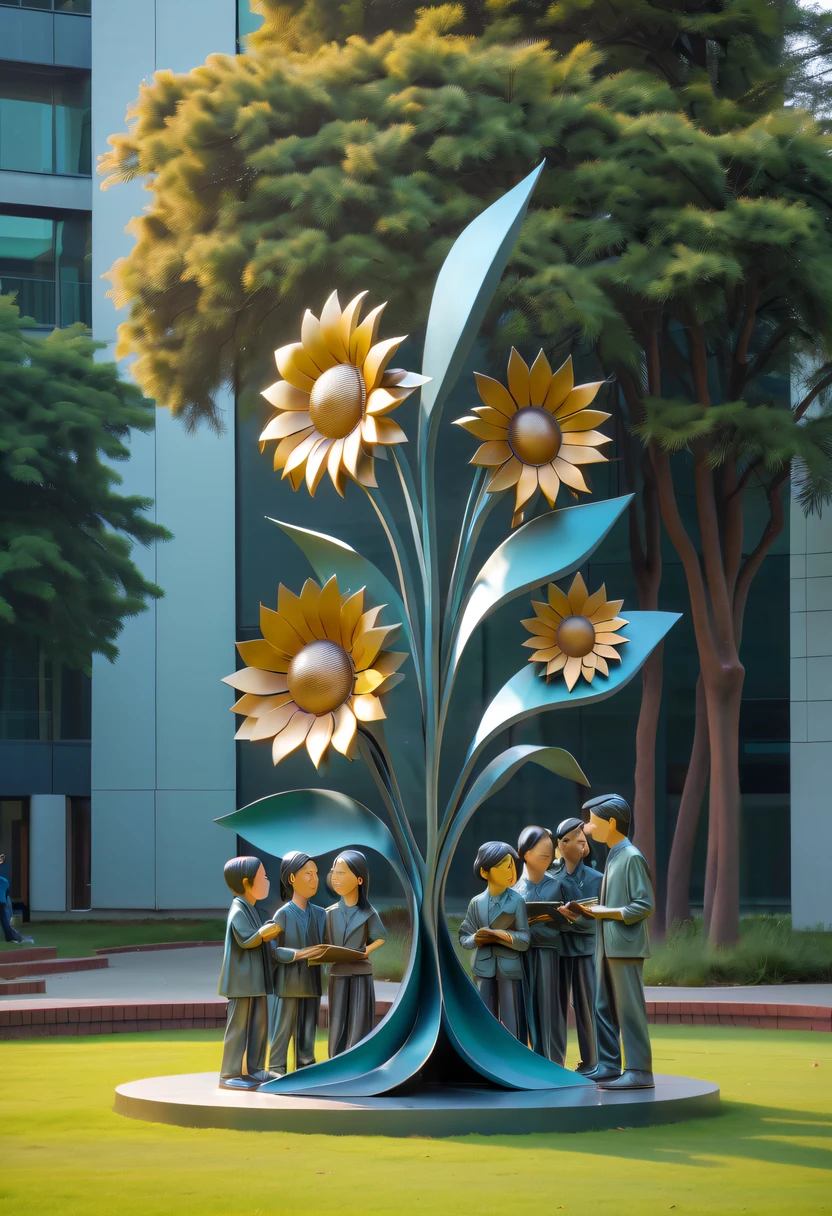 school sculpture,Cute teacher holding sunflower,Surrounded by a group of students,on the school lawn,full iron,metalictexture,metallic luster,vectorial art,Soft color palette,abstract sculpture,3D sculpture with abstract light,modern chinese literati,Gradient of color,hierarchical form,Futuristic sci-fi style metal three-dimensional sculpture,Whimsical three-dimensional metal sculptures,Ethereal style metal three-dimensional sculpture,
