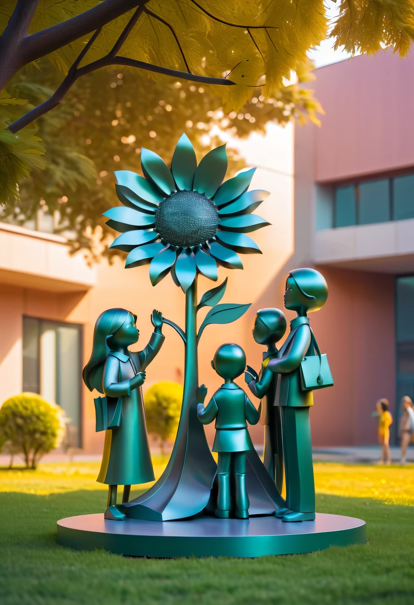 school sculpture，Cute teacher holding sunflower，on the school lawn，full iron，metalictexture，metallic  luster，vectorial art，Soft color palette，abstract sculpture，3D sculpture with abstract light，modern chinese literati，Gradient of color，hierarchical form，Futuristic sci-fi style metal three-dimensional sculpture，Whimsical three-dimensional metal sculptures，Ethereal style metal three-dimensional sculpture，