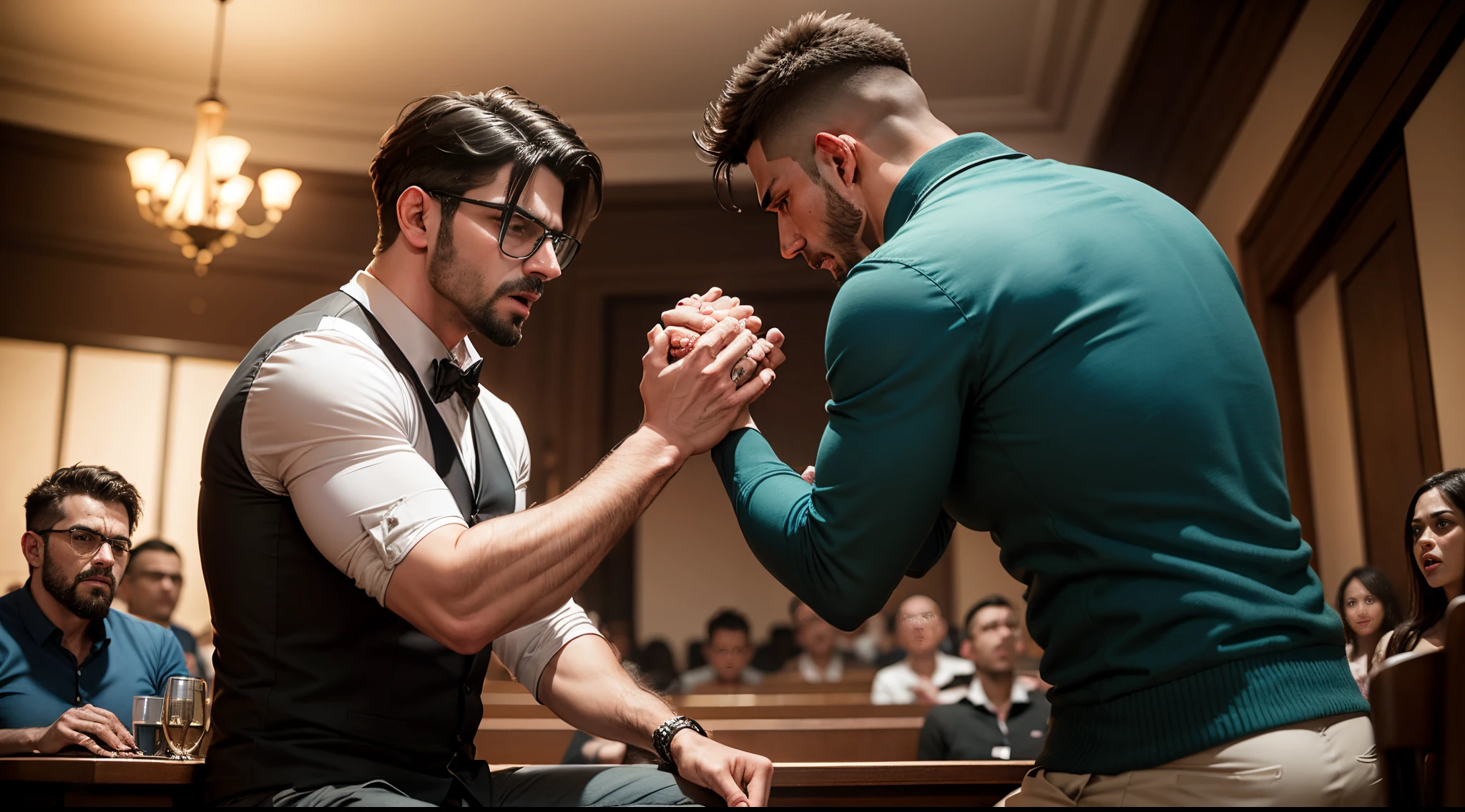 em um ambiente de sala de estar, a very angry man fights with his brother who is asking his fiancee to marry him