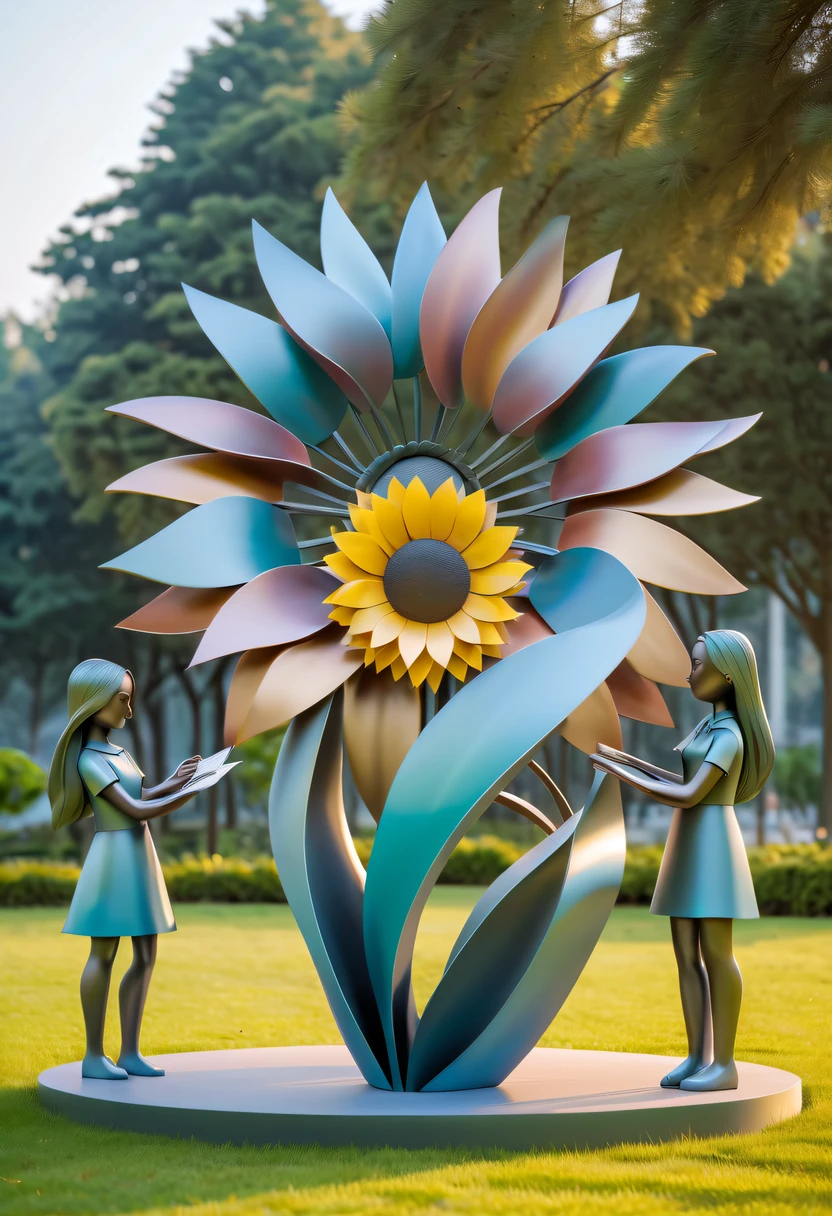 school sculpture,Cute teacher holding sunflower,Surrounded by a group of students,on the school lawn,full iron,metalictexture,metallic luster,vectorial art,Soft color palette,abstract sculpture,3D sculpture with abstract light,modern chinese literati,Gradient of color,hierarchical form,Futuristic sci-fi style metal three-dimensional sculpture,Whimsical three-dimensional metal sculptures,Ethereal style metal three-dimensional sculpture,