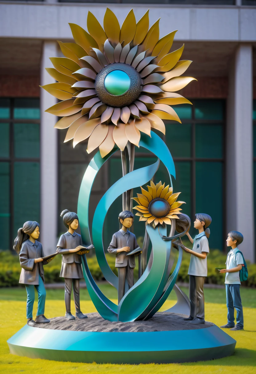school sculpture，Cute teacher holding sunflower，Surrounded by a group of students，on the school lawn，full iron，metalictexture，metallic  luster，vectorial art，Soft color palette，abstract sculpture，3D sculpture with abstract light，modern chinese literati，Gradient of color，hierarchical form，Futuristic sci-fi style metal three-dimensional sculpture，Whimsical three-dimensional metal sculptures，Ethereal style metal three-dimensional sculpture，