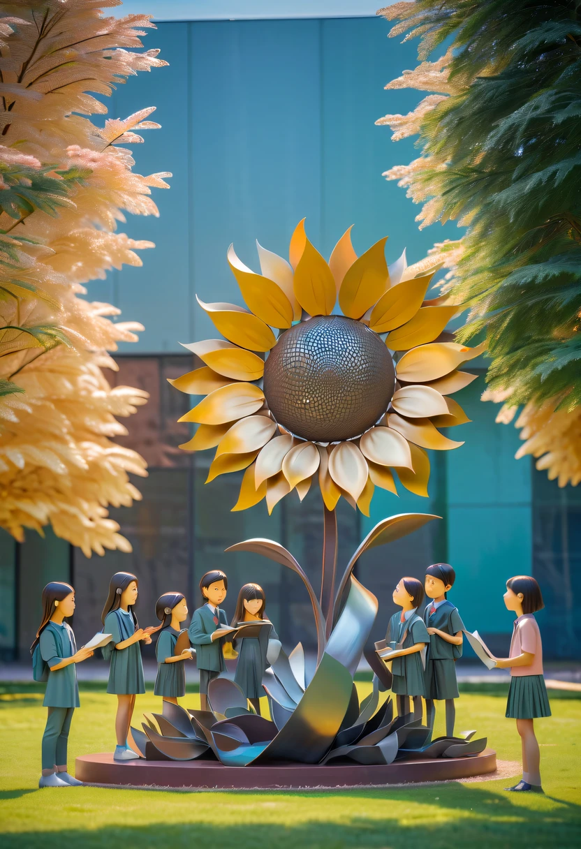 school sculpture,Cute teacher holding sunflower,Surrounded by a group of students,on the school lawn,full iron,metalictexture,metallic luster,vectorial art,Soft color palette,abstract sculpture,3D sculpture with abstract light,modern chinese literati,Gradient of color,hierarchical form,Futuristic sci-fi style metal three-dimensional sculpture,Whimsical three-dimensional metal sculptures,Ethereal style metal three-dimensional sculpture,