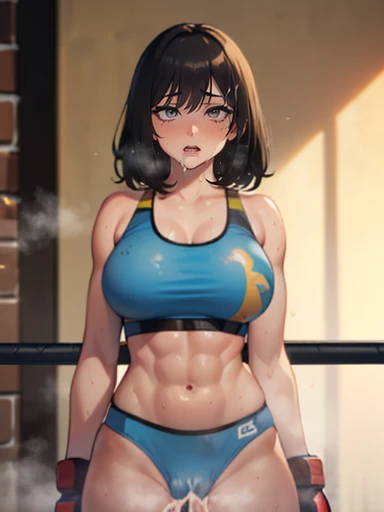 ((ryona)), ((Mature female boxer girl)), sexy lips, sports bra, ((boxing gloves ,sweat all over the body,(An enthusiastic look),steam,((two womens)),in crotch, eyes rolling,Ripe body,NSFW,female face,standing back, (cum on clothes:1.3), Abs, violence, bruises, wet, oiled skin