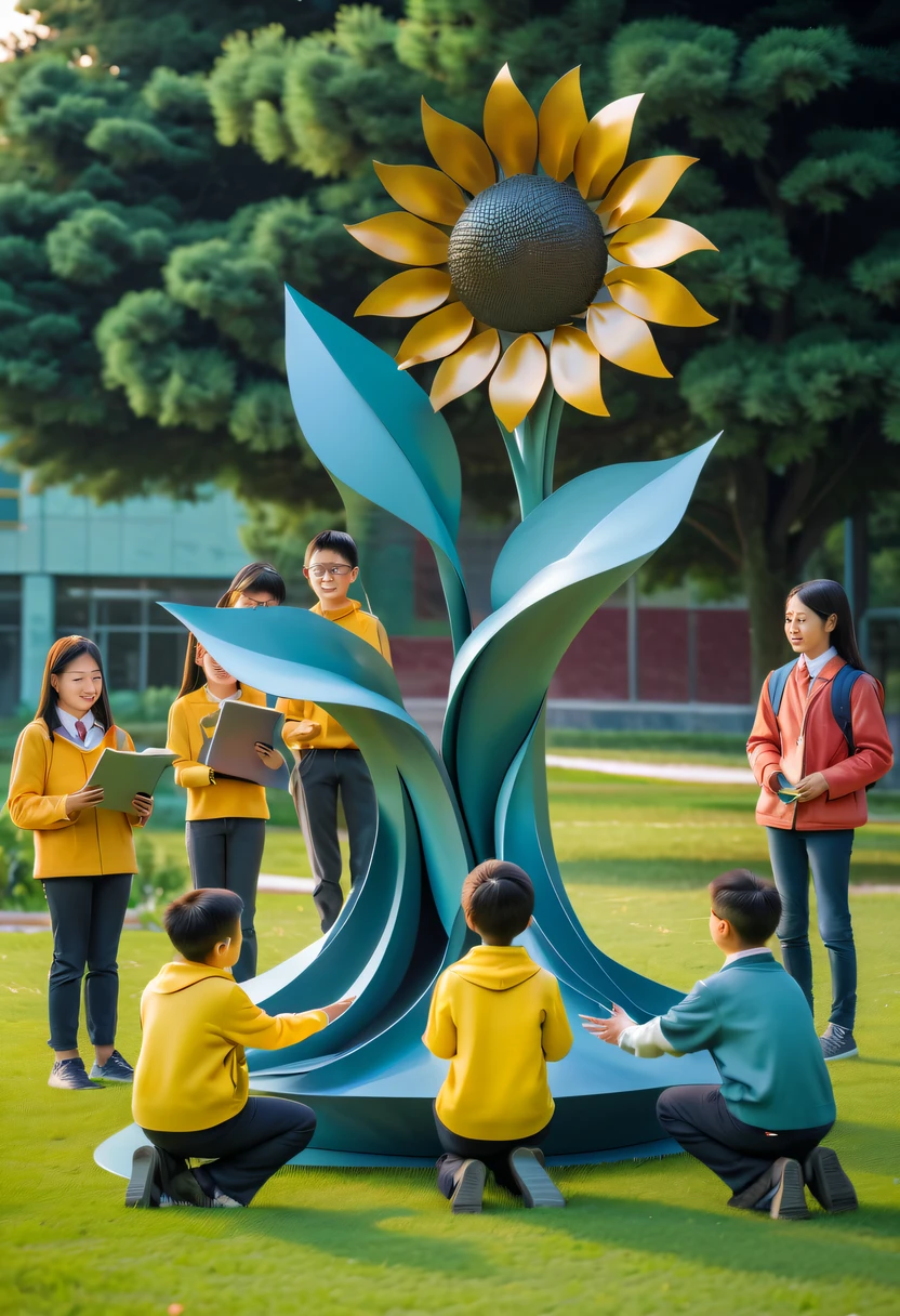 school sculpture，Cute teacher holding sunflower，Surrounded by a group of students，on the school lawn，full iron，metalictexture，metallic  luster，vectorial art，Soft color palette，abstract sculpture，3D sculpture with abstract light，modern chinese literati，Gradient of color，hierarchical form，Futuristic sci-fi style metal three-dimensional sculpture，Whimsical three-dimensional metal sculptures，Ethereal style metal three-dimensional sculpture，