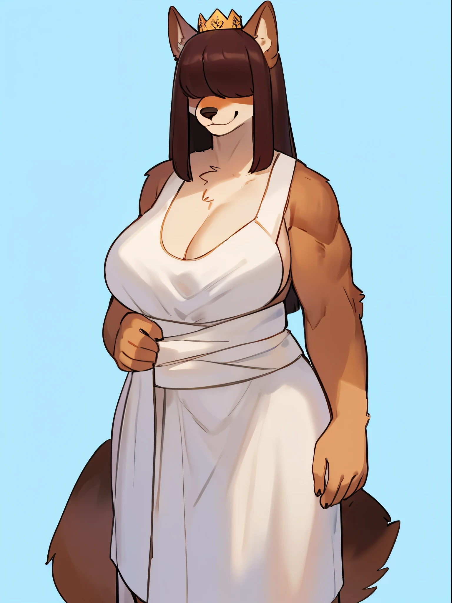 By bebebebebe, by lostgoose, by goonie-san, female, ((canine, snout, hair covering eyes, straight hair, medium hair, flat hair, ears, thin snout)), brown fur, big poofy tail, raised tail, dark maroon hair, (muscular, big breasts), solo, smiling, standing, ancient rome, (white toga, laurel leaf crown)