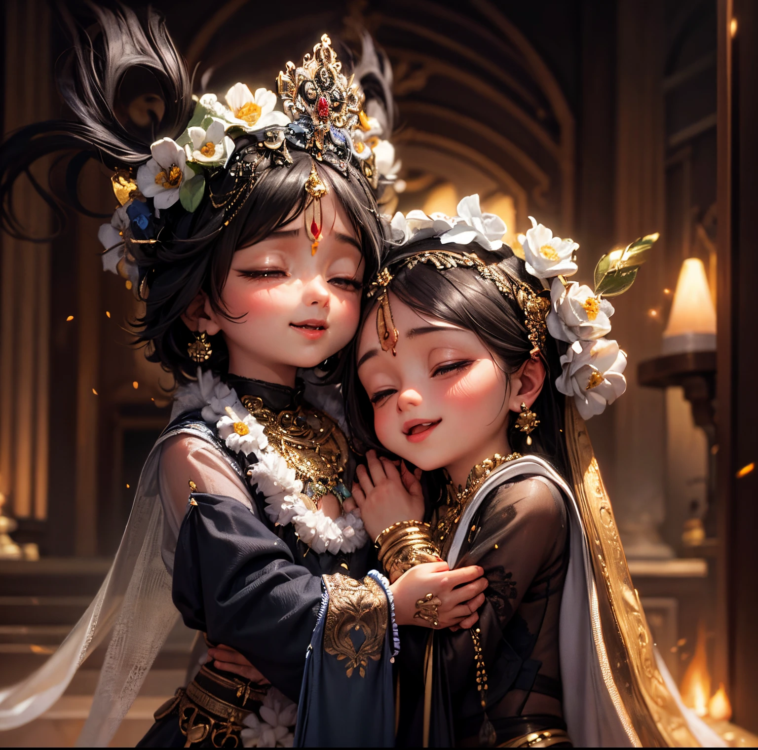 Krishna and Radha , kids character 3 years old, background black and white mountain ice,