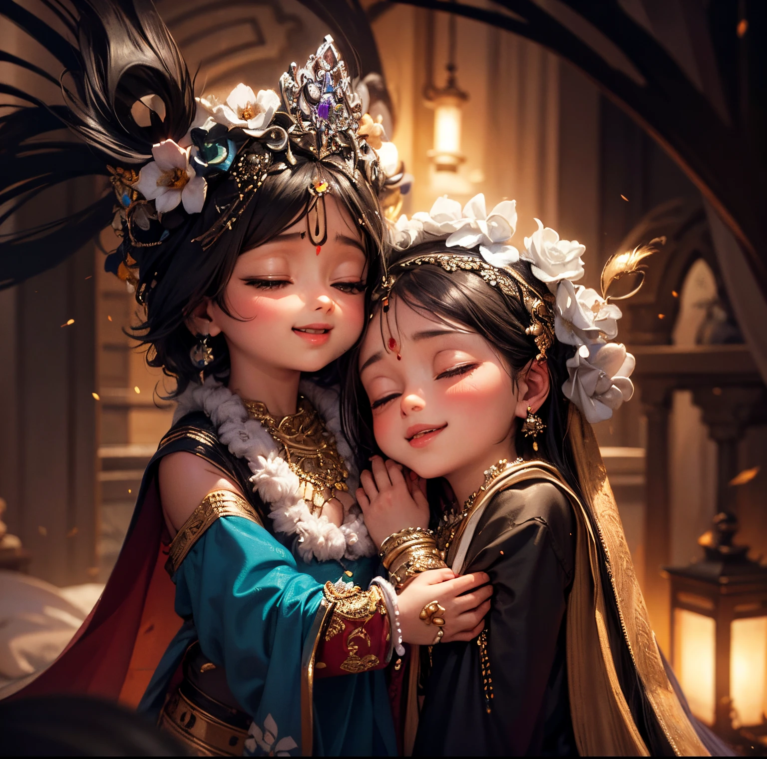 Krishna and Radha , kids character 3 , background black and white mountain ice,
