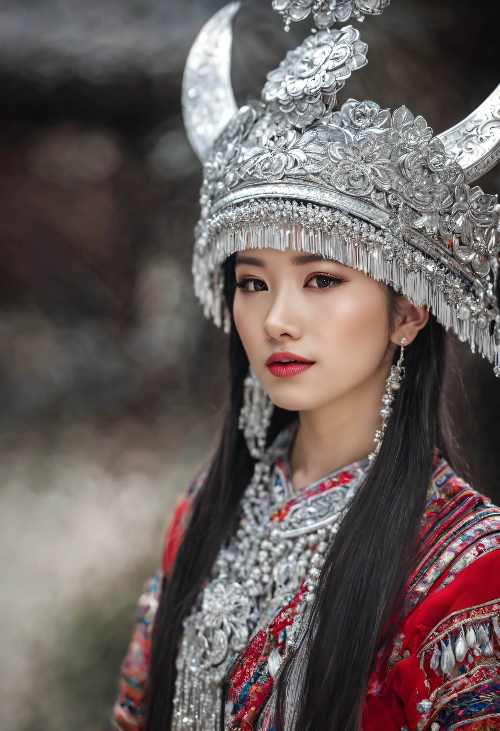 HDR,UHD,8K, best quality, masterpiece, absurdness, extremely detailed, miaoyuansu, hmong, miao8, 1girl, solo, black hair, realistic, long hair, jewelry, earrings, silver bull Horne on hat, upper body, looking at viewer, silky long straight hair, ornament, (very detail traditional clothes), hat, blurry background, portrait, makeup, headdress, eyelashes,