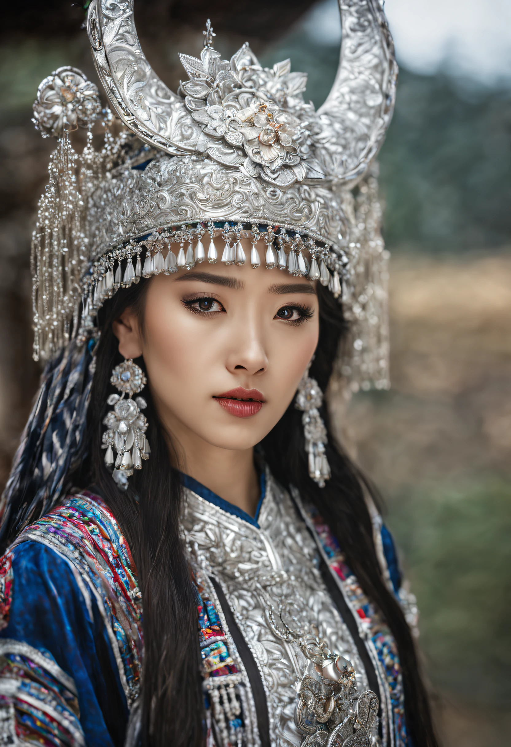 HDR,UHD,8K, best quality, masterpiece, absurdness, extremely detailed, miaoyuansu, hmong, miao8, 1girl, solo, black hair, realistic, long hair, jewelry, earrings, silver bull Horne on hat, upper body, looking at viewer, silky long straight hair, ornament, (very detail traditional clothes), hat, blurry background, portrait, makeup, headdress, eyelashes,