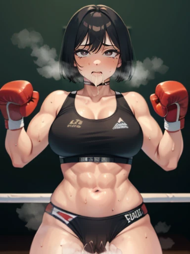 ((ryona)), ((viewer is chokes mature female boxer girl)), sexy lips, sports bra, ((boxing gloves ,sweat all over the body,(An enthusiastic look),steam,((two womens)),in crotch, eyes rolling,Ripe body,NSFW,female face,standing back, (cum on clothes:1.3), Abs, violence, bruises, wet, oiled skin, asphyxiation, stranging