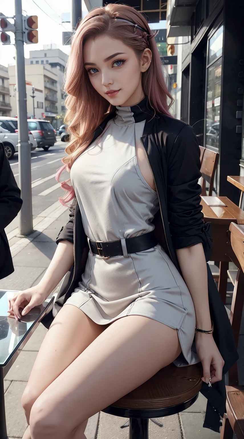 a 25yo woman、Hair color is a gradient color、Eye color is blue、Semi-long、hair is wavy、I'm wearing eyeshadow and lipstick、I'm wearing a headband、accessories on wrist、Slender but well-proportioned muscular body、Wearing a long coat over a high-neck zipper-up top、She is wearing a tight skirt with a deep slit.、I'm wearing high heels、a smile、Sitting on a chair at an open cafe and drinking coffee