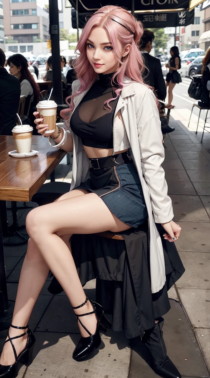 a 25yo woman、Hair color is a gradient color、Eye color is blue、Semi-long、hair is wavy、I&#39;m wearing eyeshadow and lipstick、I&#39;m wearing a headband、accessories on wrist、Slender but well-proportioned muscular body、Wearing a long coat over a high-neck zipper-up top、She is wearing a tight skirt with a deep slit.、I'm wearing high heels、a smile、Sitting on a chair at an open cafe and drinking coffee、a smile