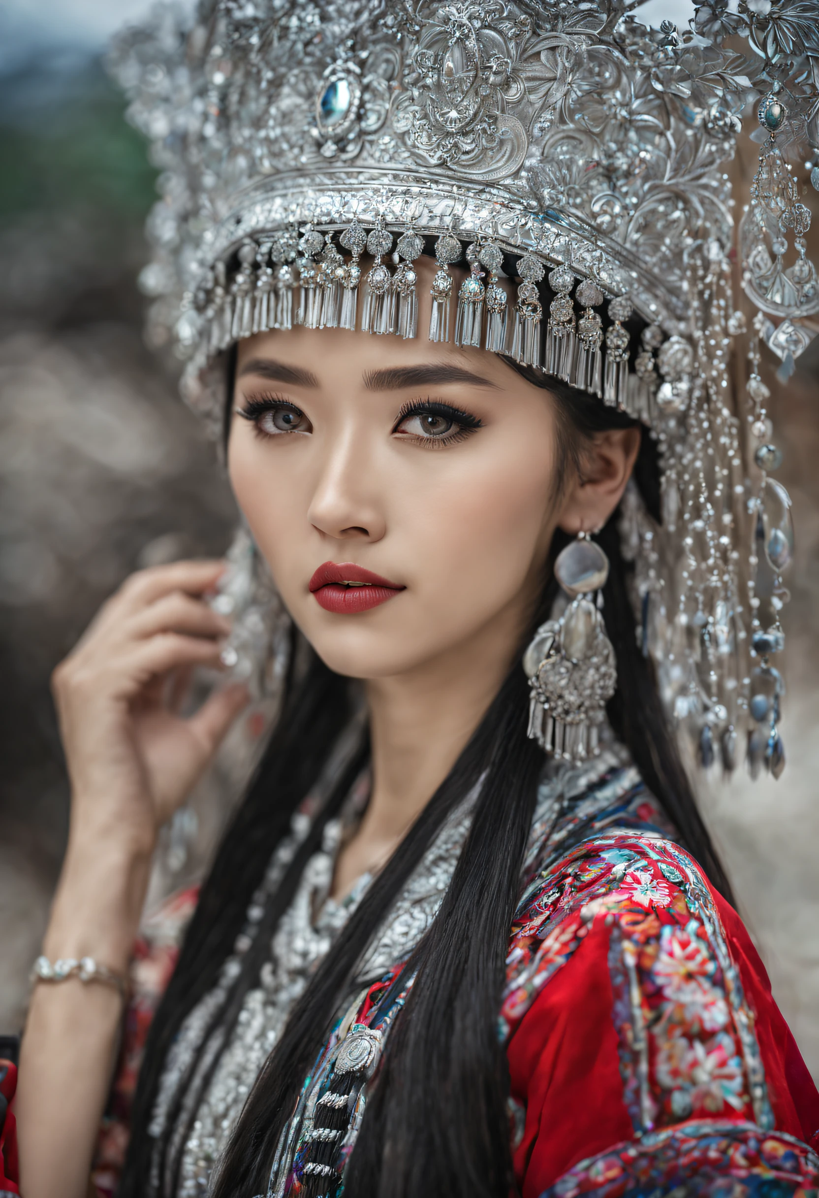 HDR,UHD,8K, best quality, masterpiece, absurdness, extremely detailed, miaoyuansu, hmong, miao8, 1girl, solo, black hair, realistic, long hair, jewelry, earrings, silver bull Horne on hat, upper body, looking at viewer, silky long straight hair, ornament, (very detail traditional clothes), hat, blurry background, portrait, makeup, headdress, eyelashes,