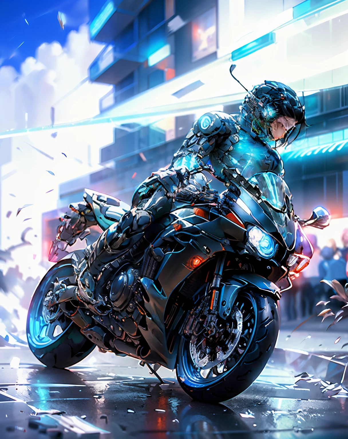 Man in futuristic suit, motorcycle, cyberpunk, sci-fi, gundam, cyberpunk mech, male cyberpunk anime, biomechanics, cybersuit , CGSesociety masterpiece, WLOP and Krentz Kusaud, cyborg, digital cyberpunk anime art, cyberhanfu, cheongsam, Chinese_clothes