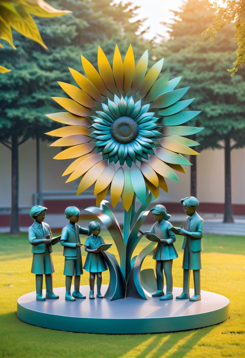 school sculpture，Cute teacher holding sunflower，Surrounded by a group of students，on the school lawn，full iron，metalictexture，metallic  luster，vectorial art，Soft color palette，abstract sculpture，3D sculpture with abstract light，modern chinese literati，Gradient of color，hierarchical form，Futuristic sci-fi style metal three-dimensional sculpture，Whimsical three-dimensional metal sculptures，Ethereal style metal three-dimensional sculpture，