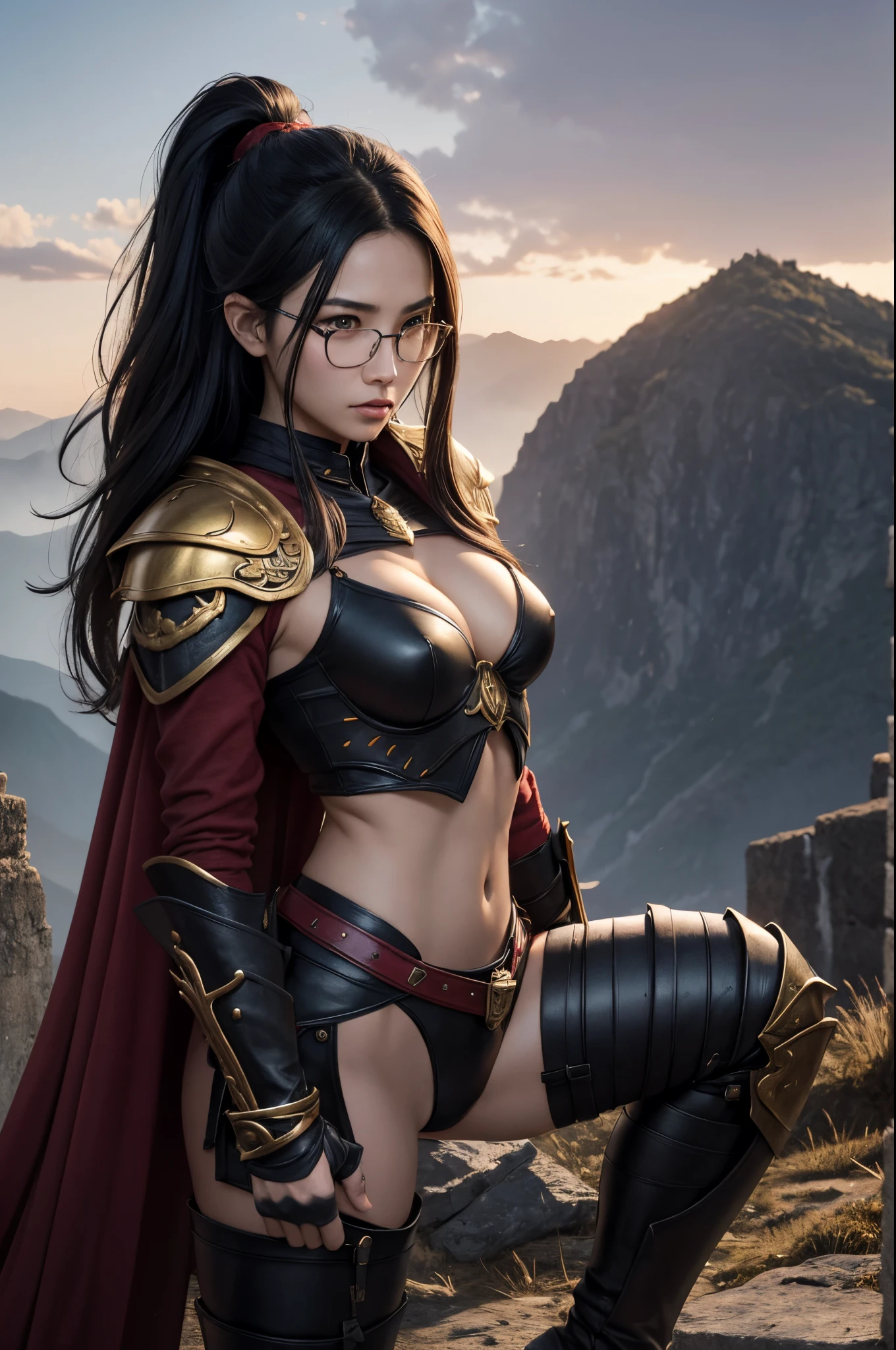 8K,very small breasts,Beautiful long black hair,A slender woman wearing luxurious red and black combat uniform is posing.,Super beauty(Like the real thing) very small breasts, lean body muscles,real looking skin,Thin glasses,cabelos preto e longos,Black eyes,red combat pants,Demon Slayer with very small breasts,digitalart, Angry gorgeous goddess, 2 0 y. o model women, , 超A high resolution,A hyper-realistic,very small breasts,Rugged look,Fantasyart,character art,enticing,sexy with very small breasts,Outside the ruins,in mountains,a closeup,Luxurious red and black shoulder armor,Red and black gorgeous very small chest chest armor(Precise golden emblem),Japan holding a sword,combat scene,action scene,actionpose,hiquality,Precise facial detailake your expression clear),Beautiful fece,sharp gaze,Look at viewers,