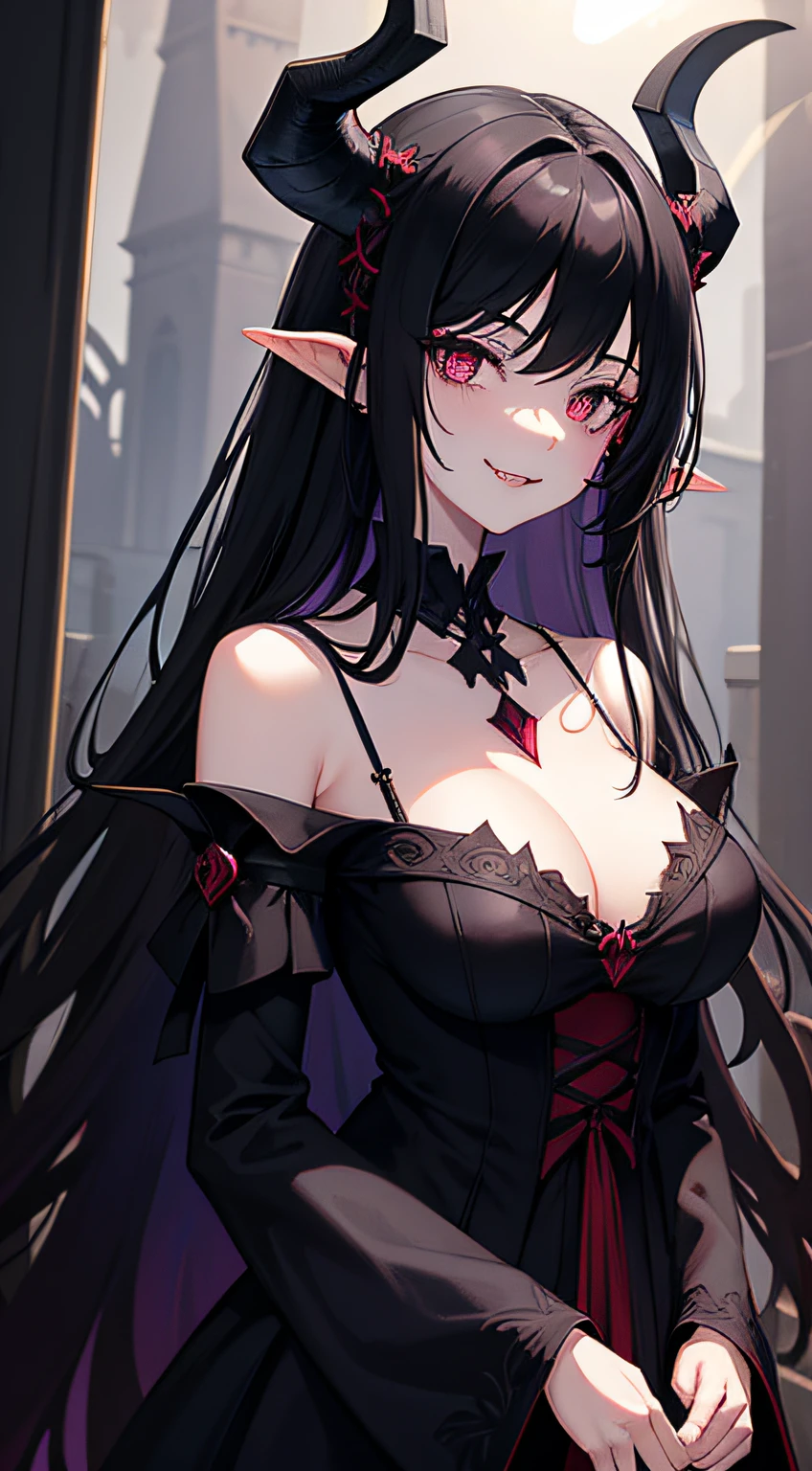 fantasy, 1girl, long black hair, maroon eyes, fangs, evil smile, looking at viewer, intricate dress, shoulders, collarbones, horns on her head, glowing magical effects, dark gothic castle, masterpiece, 8K, perfect lighting, perfect clothes, perfect anatomy, perfect eyes, perfect face, sharp resolution, face closeup