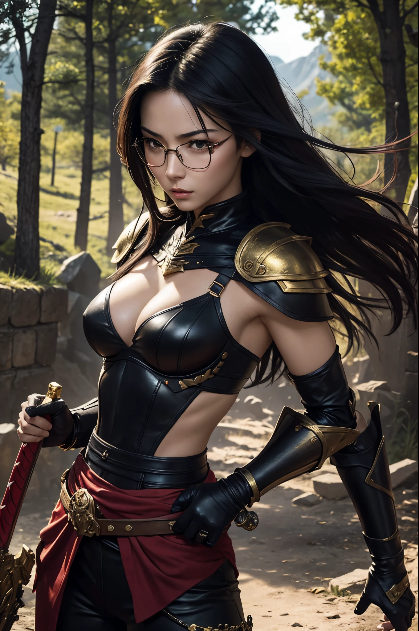 8K,very small breasts,Beautiful long black hair,A slender woman wearing luxurious red and black combat uniform is posing.,Super beauty(Like the real thing) very small breasts, lean body muscles,real looking skin,Thin glasses,cabelos preto e longos,Black eyes,red combat pants,Demon Slayer with very small breasts,digitalart, Angry gorgeous goddess, 2 0 y. o model women, , 超A high resolution,A hyper-realistic,very small breasts,Rugged look,Fantasyart,character art,enticing,sexy with very small breasts,Outside the ruins,in mountains,a closeup,Luxurious red and black shoulder armor,Red and black gorgeous very small chest chest armor(Precise golden emblem),Japan holding a sword,combat scene,action scene,actionpose,hiquality,Precise facial detailake your expression clear),Beautiful fece,sharp gaze,Look at viewers,
