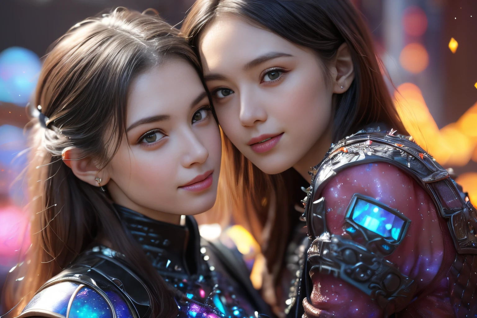 (Two beautiful teenage italian girls:1.6), Close friends, (They are hugging each other:1.2), Kiss her cheek or chest,(Detailed iridescent bodysuit with beautiful fractal or marble design:1.5), Incredible and spectacular scenes, ((High quality)), ((Detailed)), ((Fantasy)), Blue Plasma Brain, Green Plasma Body, Showing her armpits, beutiful breast,  obscenity, (Lewd smile:1.2), coarse, Obscene, mean, (raunchy:1.2), (Immoral:1.2), Lachish, (small breasts with beautiful raised pink areolas,,,,,:1.5), (Cameltoe), (Expression of ecstasy:1.2), Photorealistic, Official art, Unity 8K Wall , 8K Portrait, Best Quality, Very high resolution, (Incredibly beautiful nature background:1.6), (18 years old:1.5), (Sexy and glamorous:1.1), (A coquettish expression:1.6), (seductively smiling:1.6),  (erotic posing:1.9), (Model Posing:1.8), Beautiful seductive face, Portrait, (Thick eyebrows:1.4), (Big scarlet eyes:1.6), Beautiful eyes with fine symmetry, (Ultra detailed eyes:1.4),(Highly detailed face and eyes:1.7), (High-resolution red-eye:1.8), Intimate face, (ultra detailed skin texture:1.4), White skin, pale skin, Perfect Anatomy, Thin, (Beautiful toned body:1.5), Highly detailed hair,  (Moist skin:1.2), No makeup, (dark circles:1.1), Good anatomy, Focus Face, good-looking, (Emilia Clark:0.6) (Emma watson:0.3),(Jennifer Connelly:0.4),  Elegant face, Nice,  (A delicately crafted necklace is wrapped around her neck.....), (Bioluminescence with brilliant brilliance:1.4), (Luminous magic circle:1.5), Ruins of an ancient castle, Shining majestic cloud masses and sky, lightning bolt, Epic Realistic, (Greg Rutkowski:0.8), (teal and orange:0.4), (Art Station:1.5), Cinematic, (NSFW:1.2),  Hyper Detailed, Dramatic light, (Intricate details:1.1), Beautiful black hair,　(Wearing a gauntlet with a dense and very beautiful design decorated with jewels:1.1), Small chest, Galaxy, (nebulas:1.6), The Dark Knight, Fully armored body focus